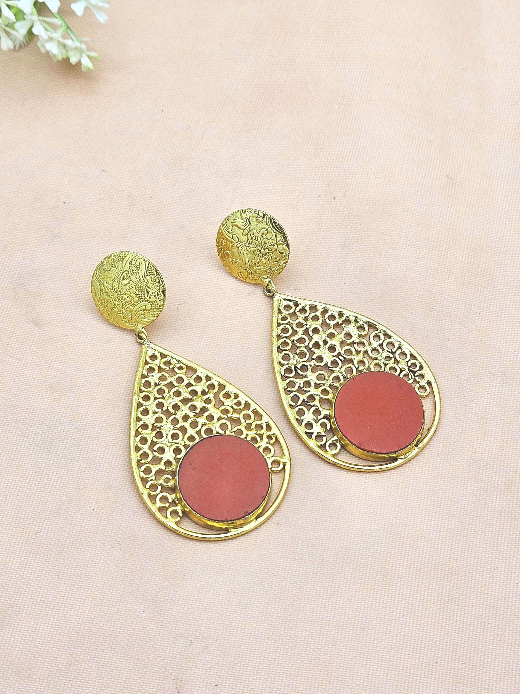 Charming Gold Plated Coral Glass Stone Light Weight Designer Dangle Drop Earrings