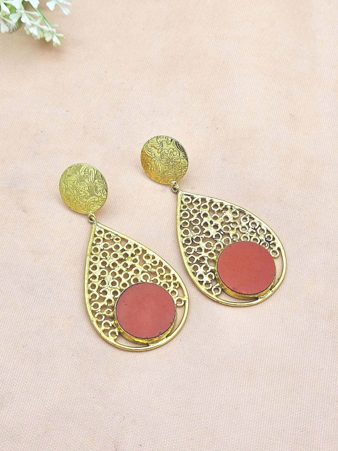 Charming Gold Plated Coral Glass Stone Light Weight Designer Dangle Drop Earrings