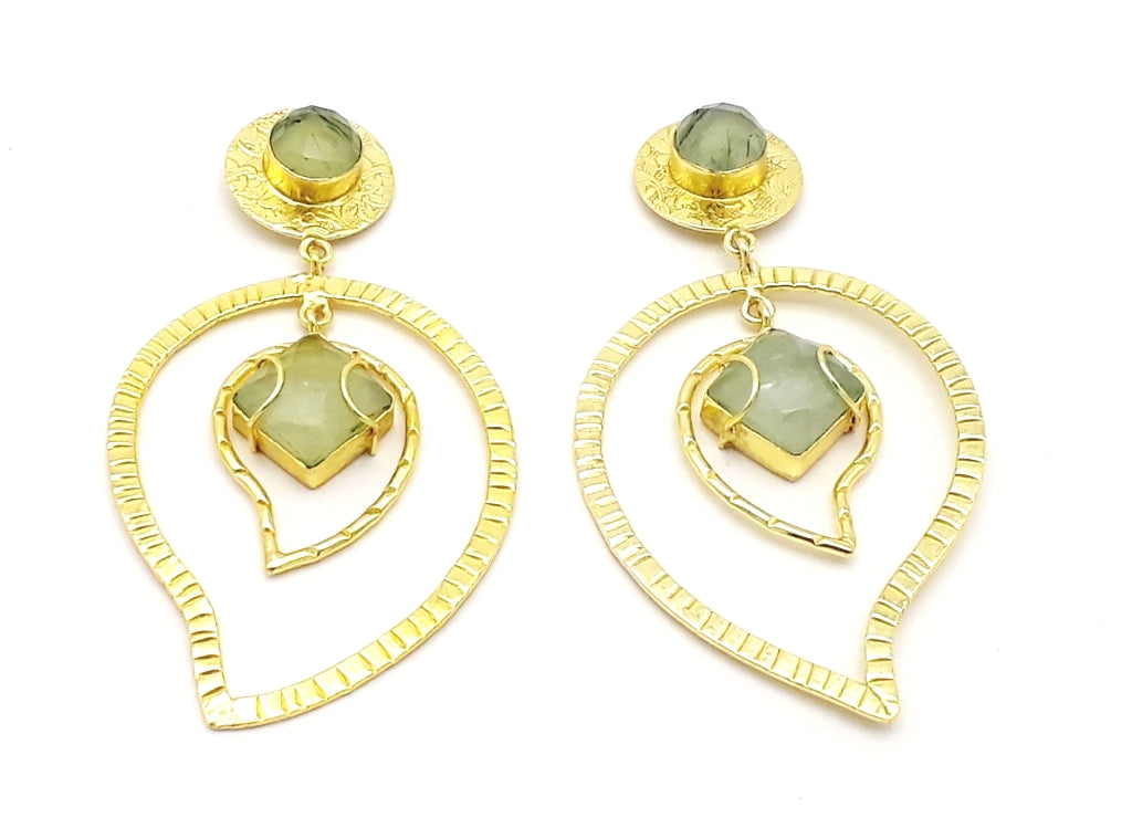 Awesome Gold Plated Prehnite Gem Stone Light Weight Leaf Designer Dangle Drop Earrings