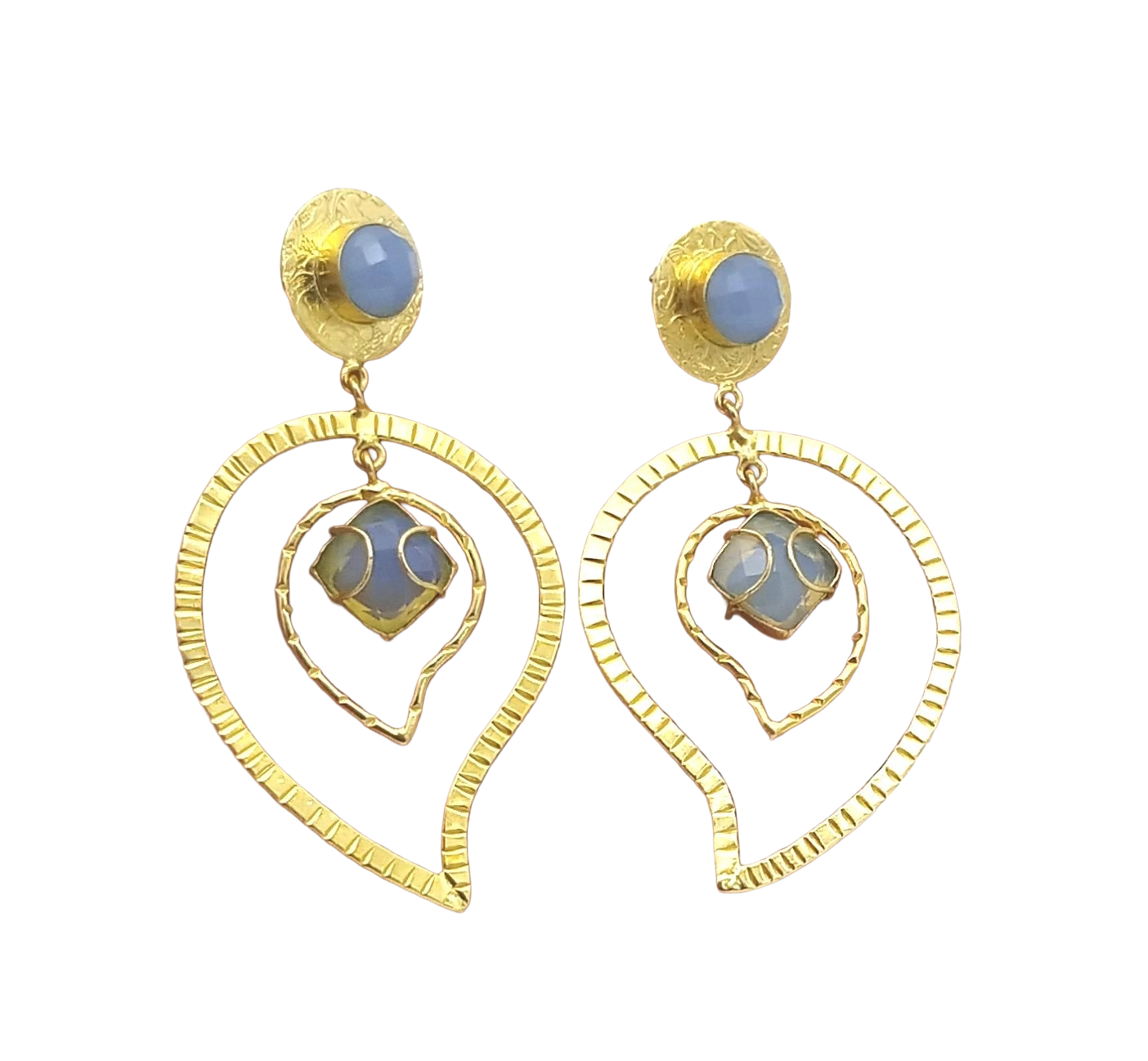 Awesome Gold Plated Chalcedony-Synthetic Opal Stone Light Weight Leaf Designer Dangle Drop Earrings