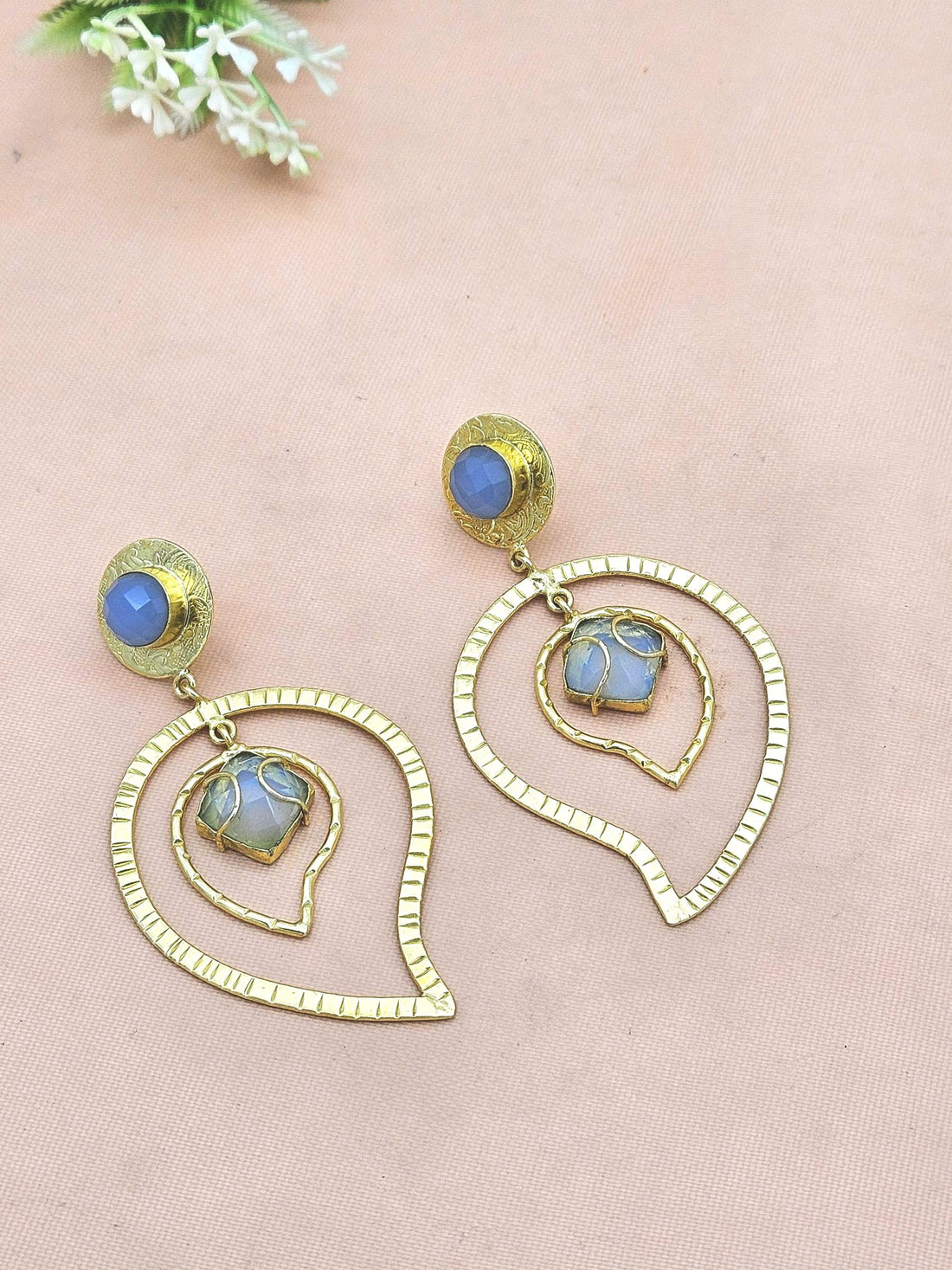 Awesome Gold Plated Chalcedony-Synthetic Opal Stone Light Weight Leaf Designer Dangle Drop Earrings