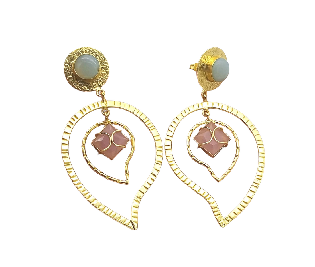 Awesome Gold Plated Chalcedony-Rose Qtz Stone Light Weight Leaf Designer Dangle Drop Earrings