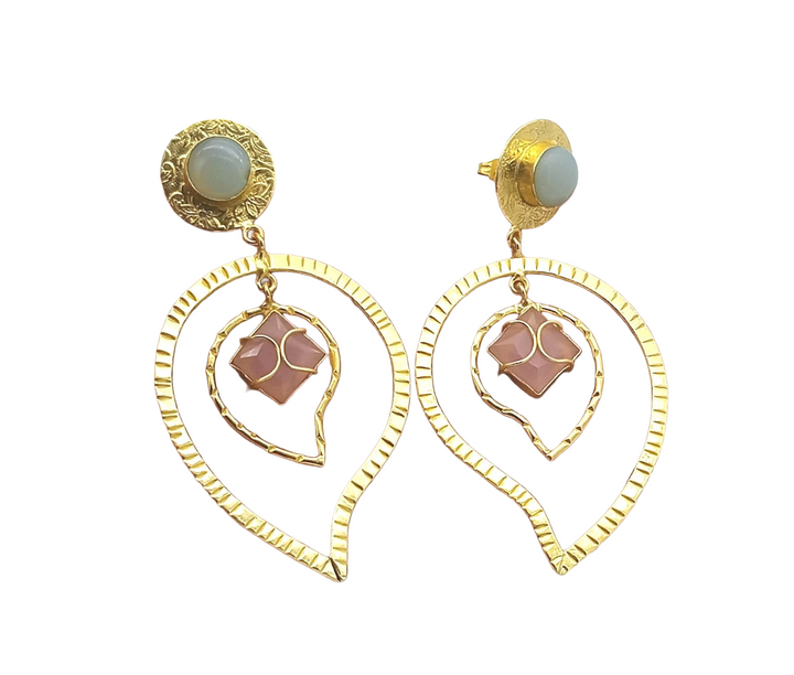 Awesome Gold Plated Chalcedony-Rose Qtz Stone Light Weight Leaf Designer Dangle Drop Earrings