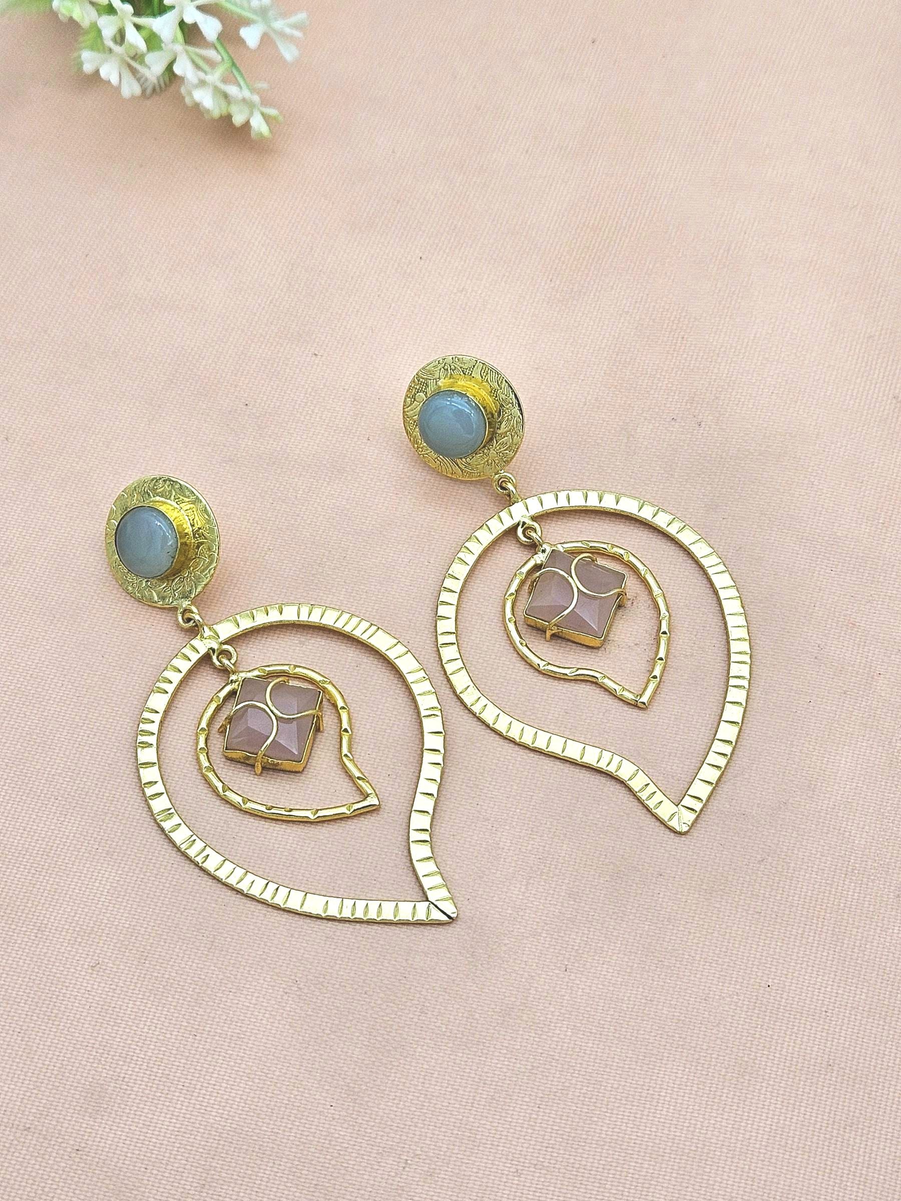 Awesome Gold Plated Chalcedony-Rose Qtz Stone Light Weight Leaf Designer Dangle Drop Earrings