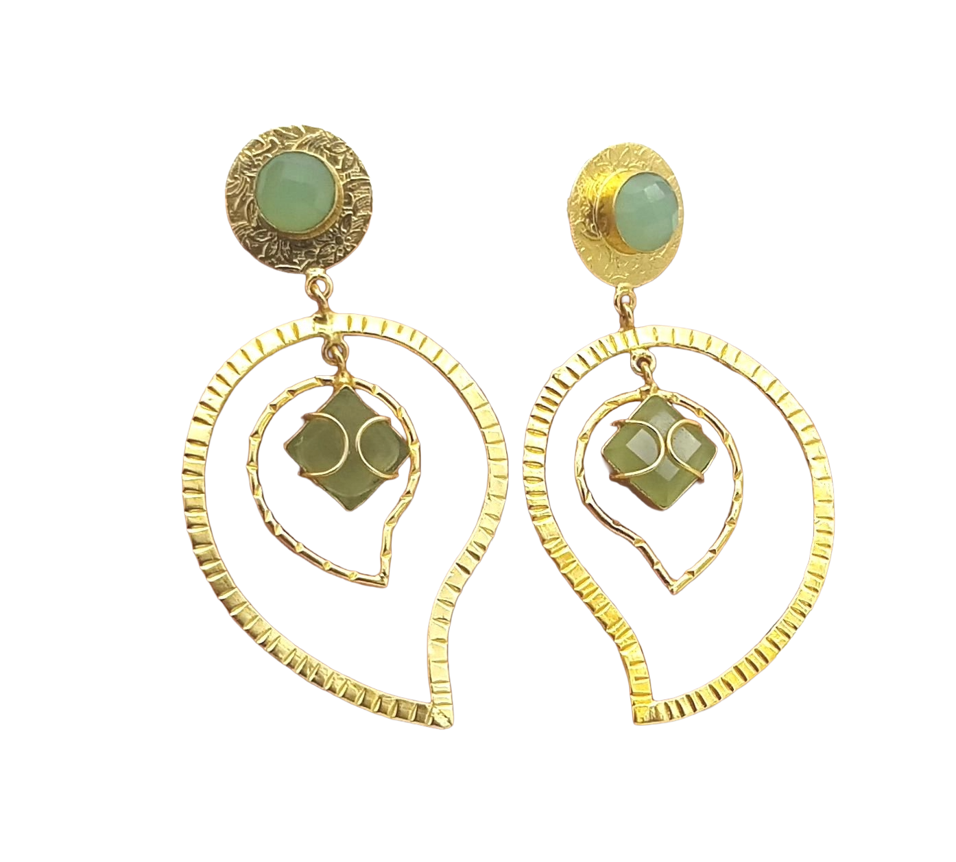 Awesome Gold Plated Chalcedony-Prehnite Stone Light Weight Leaf Designer Dangle Drop Earrings