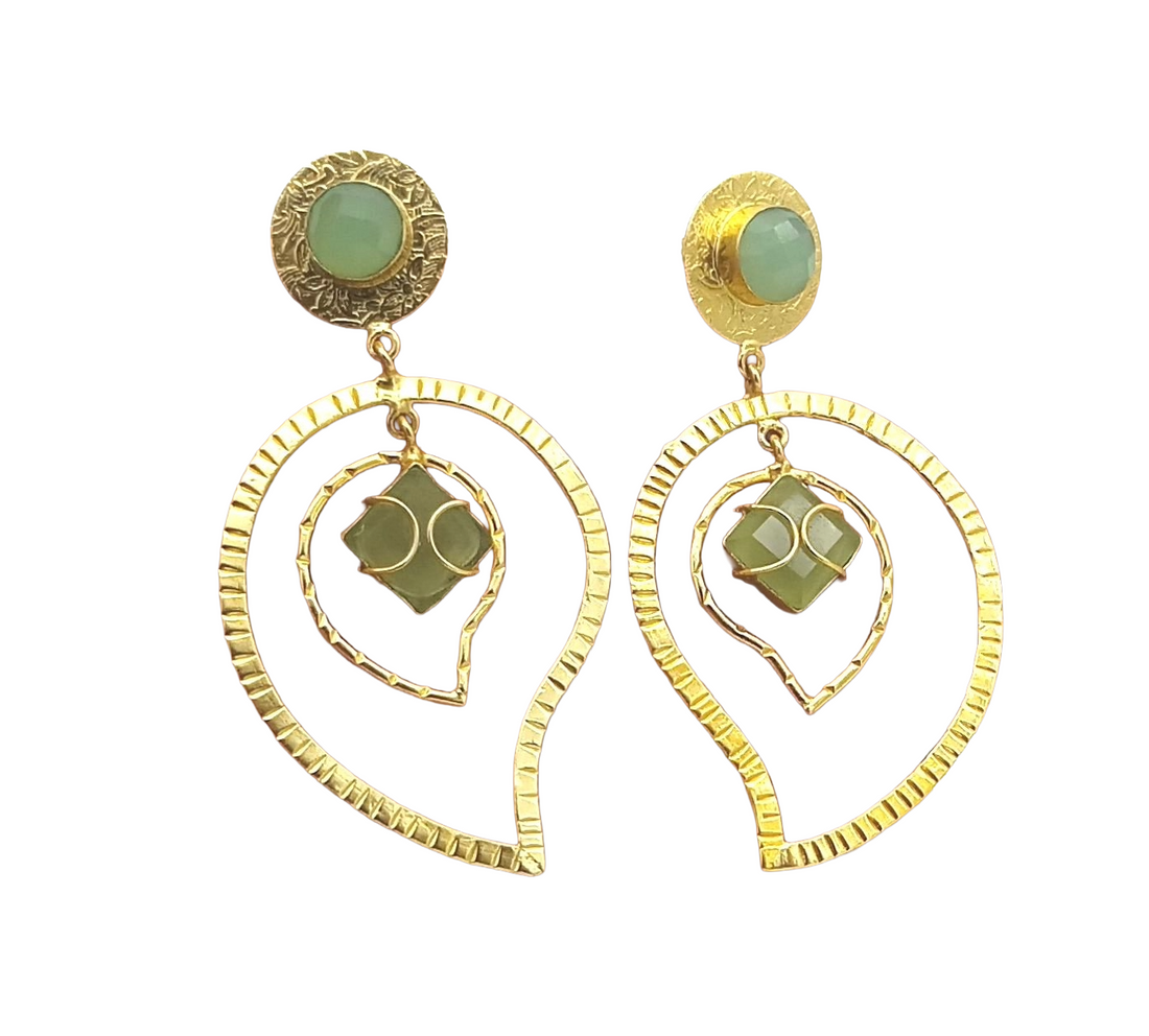 Awesome Gold Plated Chalcedony-Prehnite Stone Light Weight Leaf Designer Dangle Drop Earrings