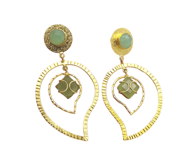 Awesome Gold Plated Chalcedony-Prehnite Stone Light Weight Leaf Designer Dangle Drop Earrings