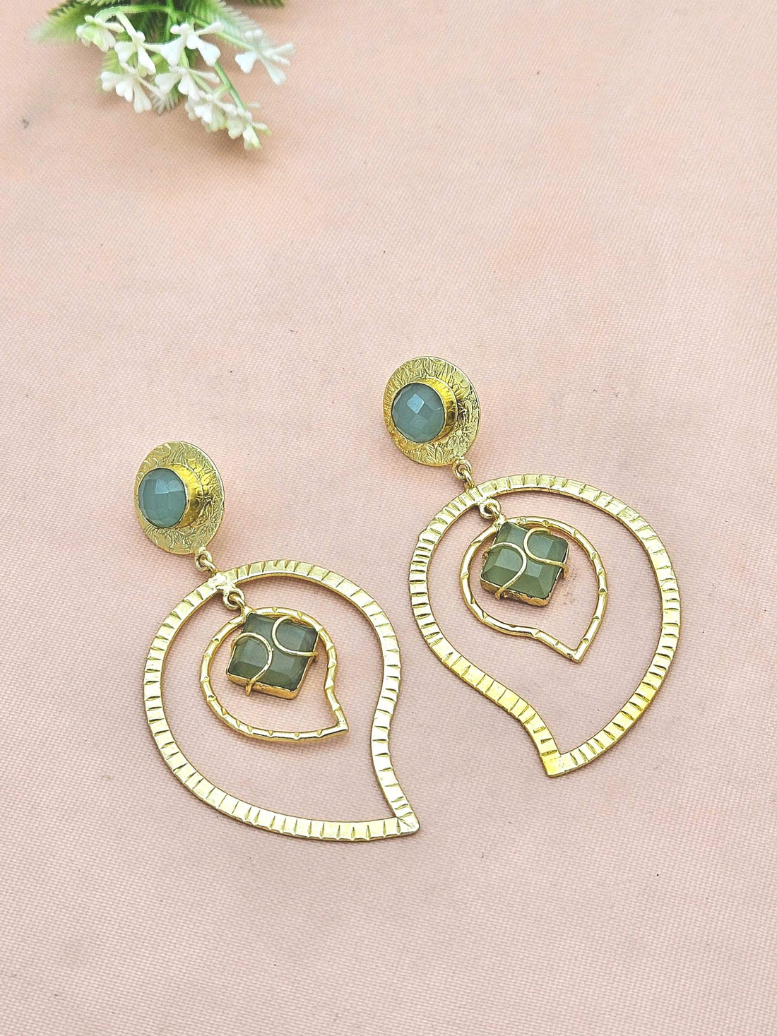 Awesome Gold Plated Chalcedony-Prehnite Stone Light Weight Leaf Designer Dangle Drop Earrings