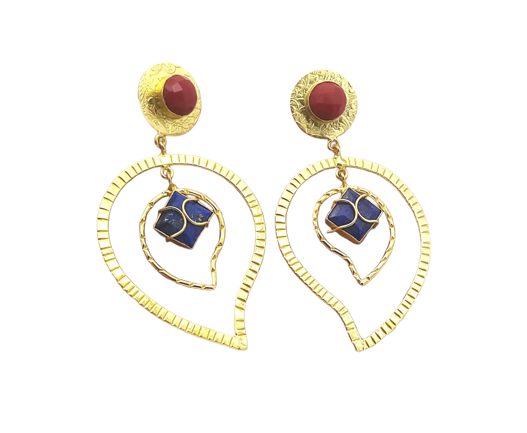 Awesome Gold Plated Lapis-Coral Stone Light Weight Leaf Designer Dangle Drop Earrings