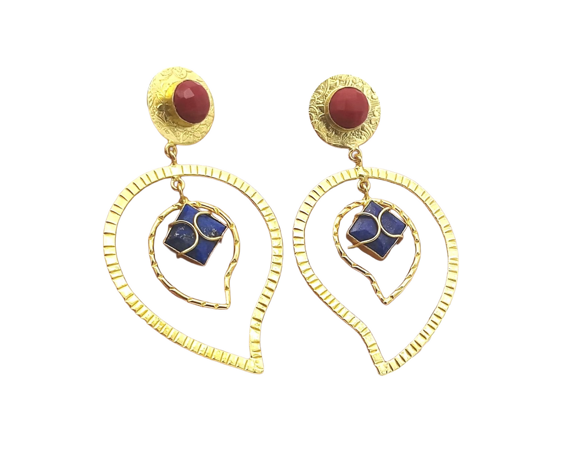 Awesome Gold Plated Lapis-Coral Stone Light Weight Leaf Designer Dangle Drop Earrings