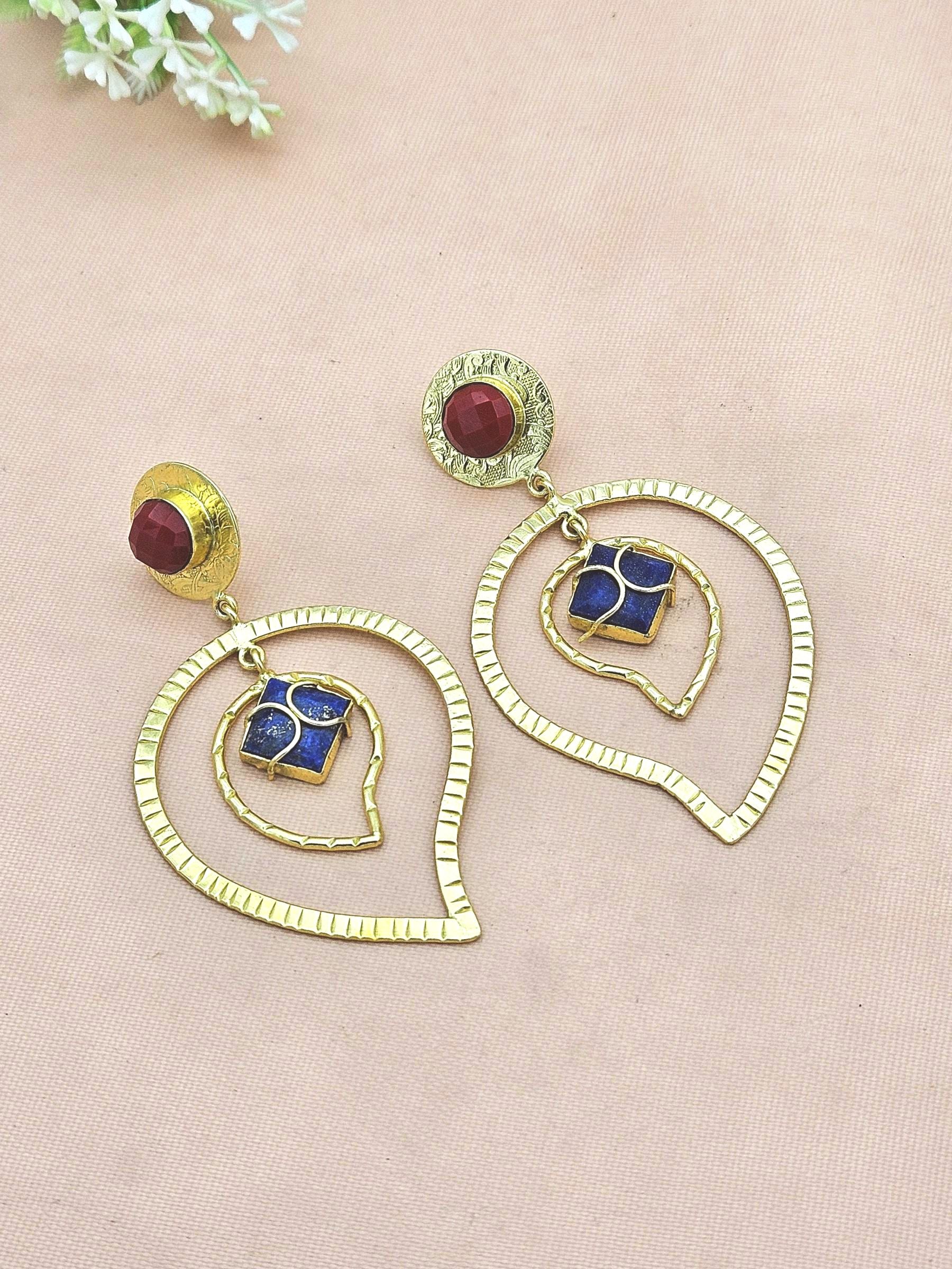 Awesome Gold Plated Lapis-Coral Stone Light Weight Leaf Designer Dangle Drop Earrings