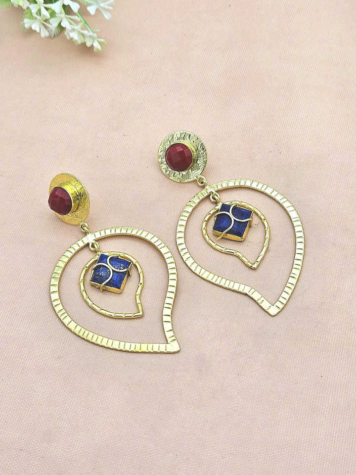 Awesome Gold Plated Lapis-Coral Stone Light Weight Leaf Designer Dangle Drop Earrings