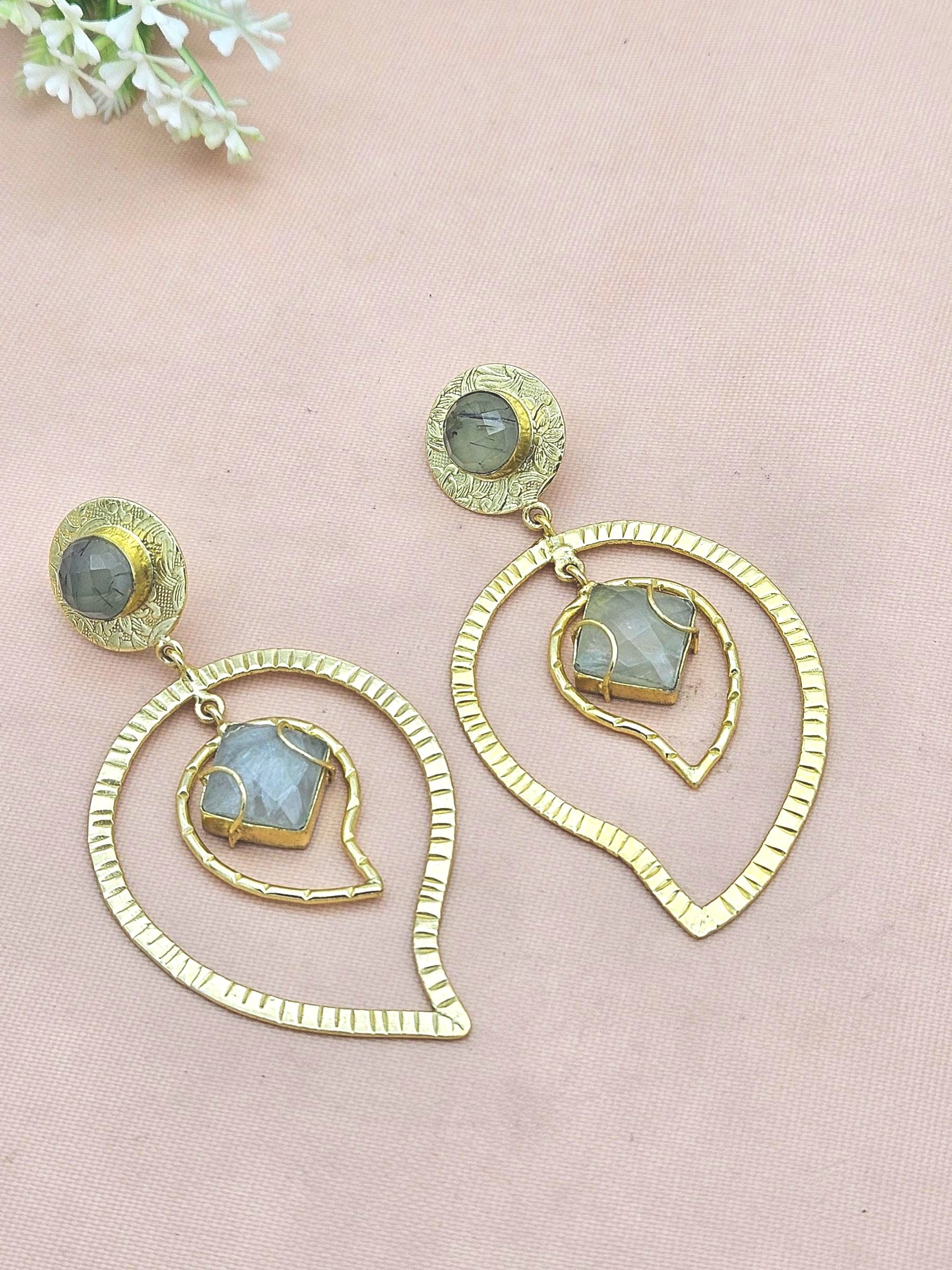 Awesome Gold Plated Prehnite Gem Stone Light Weight Leaf Designer Dangle Drop Earrings