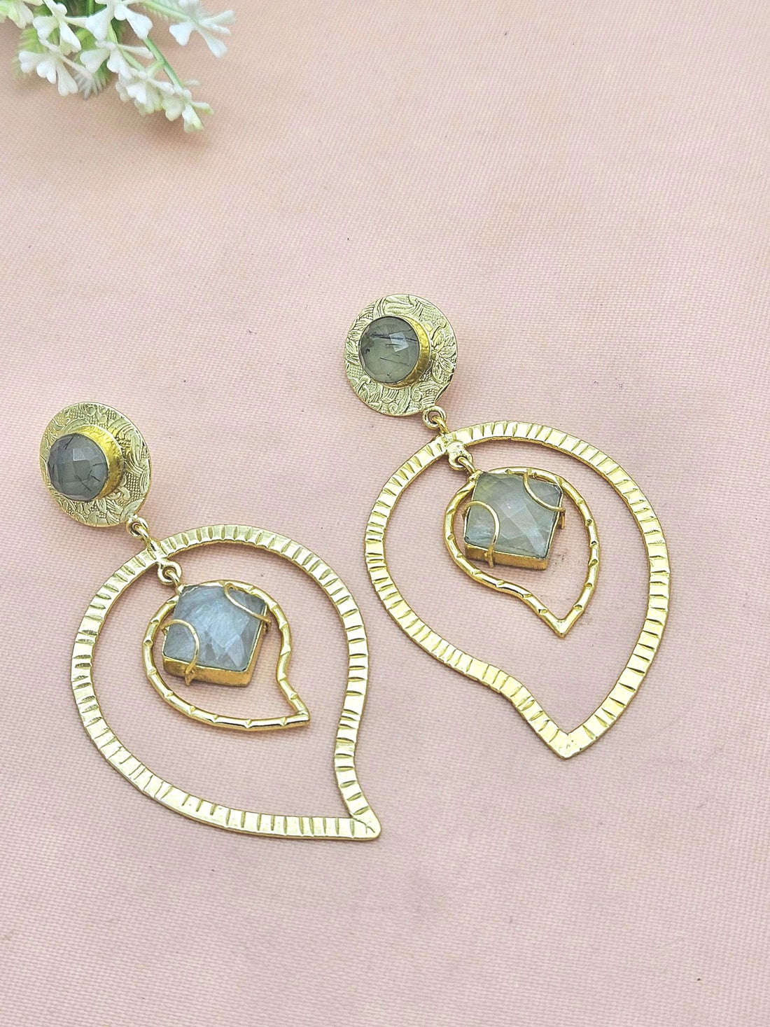 Awesome Gold Plated Prehnite Gem Stone Light Weight Leaf Designer Dangle Drop Earrings