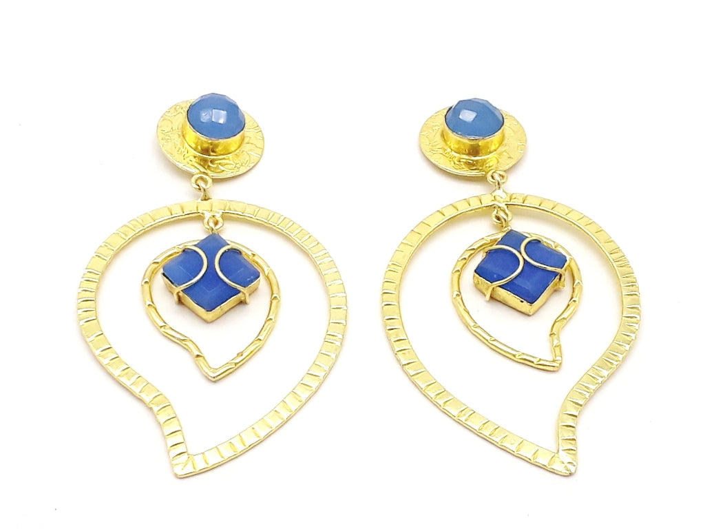 Awesome Gold Plated Blue Chalcedony Gem Stone Light Weight Leaf Designer Dangle Drop Earrings