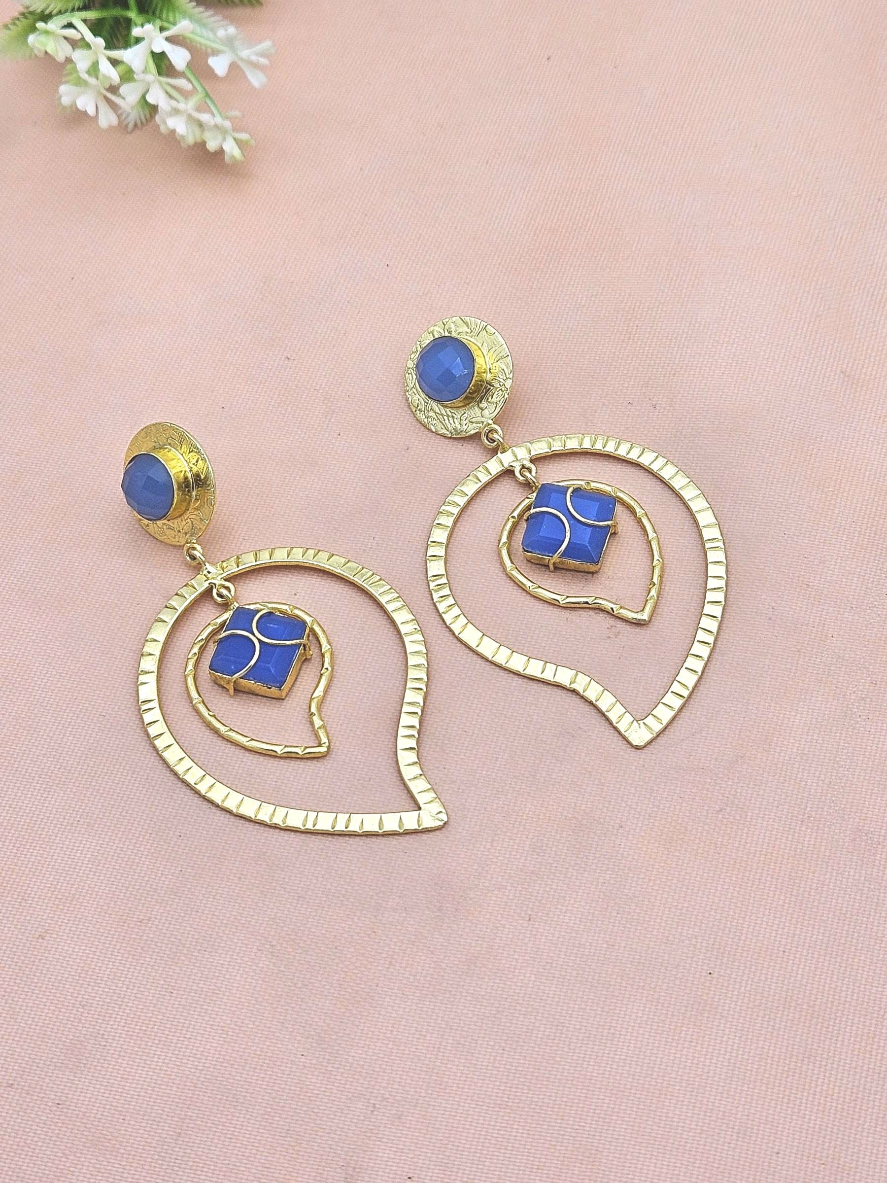 Awesome Gold Plated Blue Chalcedony Gem Stone Light Weight Leaf Designer Dangle Drop Earrings