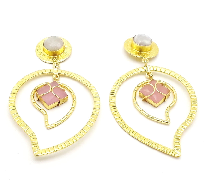 Awesome Gold Plated White Rainbow-Rose Quartz Gem Stone Light Weight Leaf Designer Dangle Drop Earrings