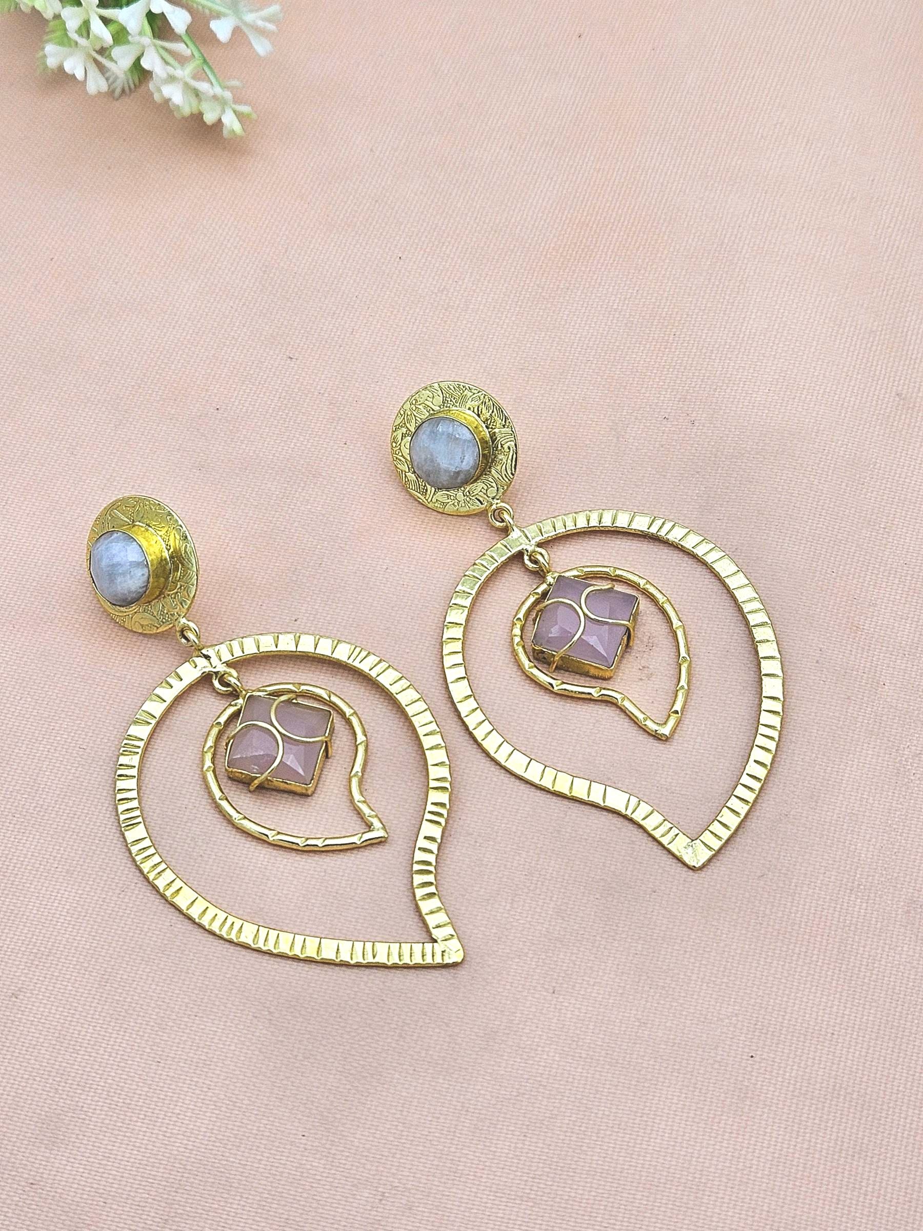 Awesome Gold Plated White Rainbow-Rose Quartz Gem Stone Light Weight Leaf Designer Dangle Drop Earrings