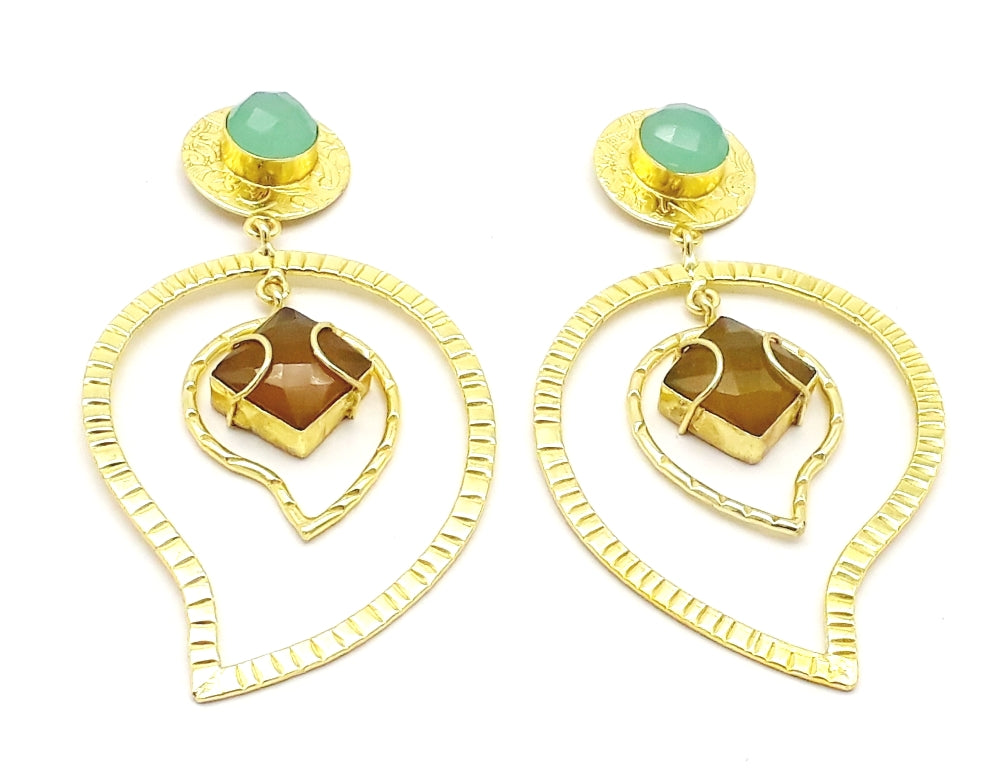 Awesome Gold Plated Aqua - Yellow Chalcedony Gem Stone Light Weight Leaf Designer Dangle Drop Earrings