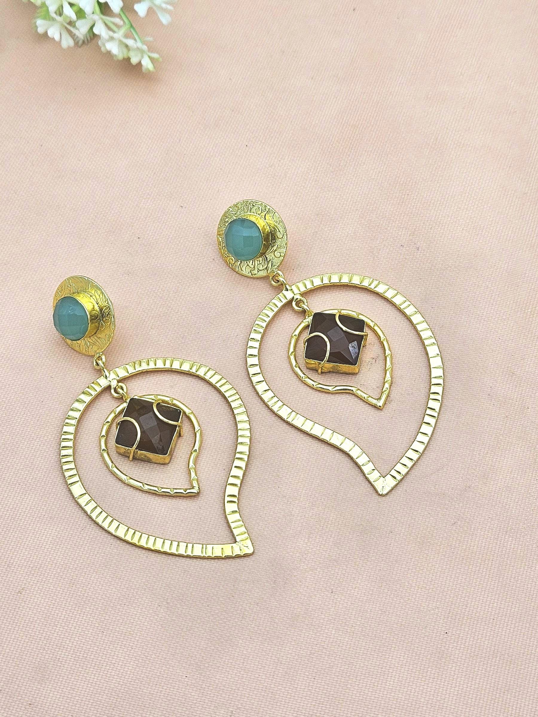 Awesome Gold Plated Aqua - Yellow Chalcedony Gem Stone Light Weight Leaf Designer Dangle Drop Earrings