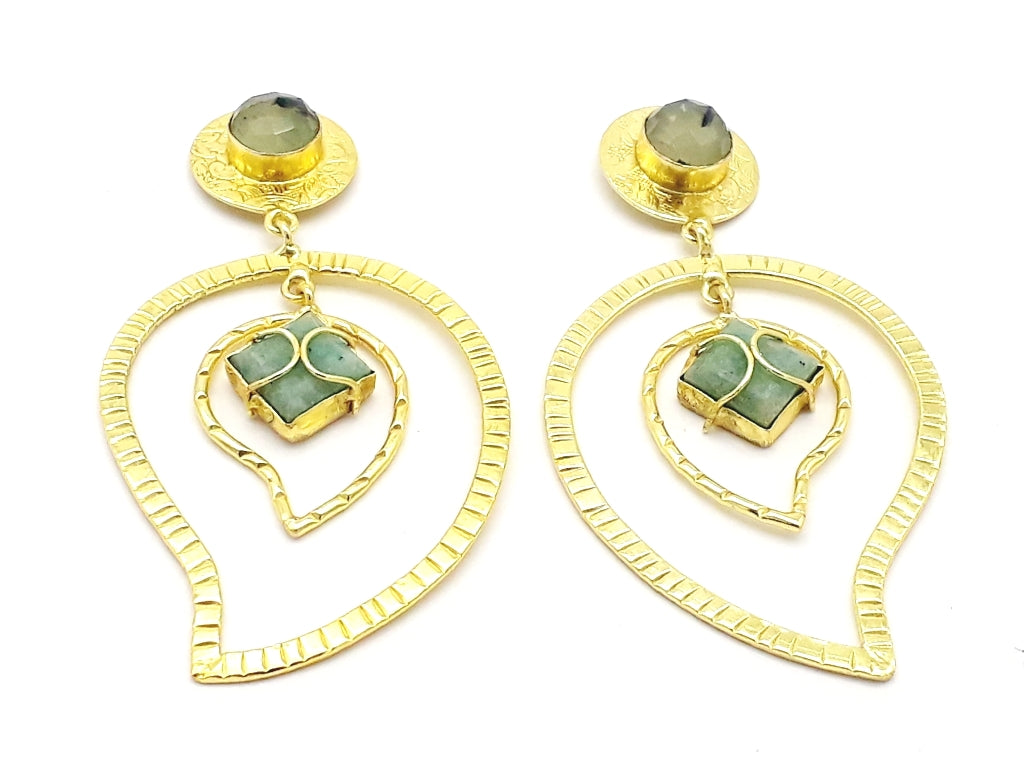 Awesome Gold Plated Prehnite-Amazonite Gem Stone Light Weight Leaf Designer Dangle Drop Earrings