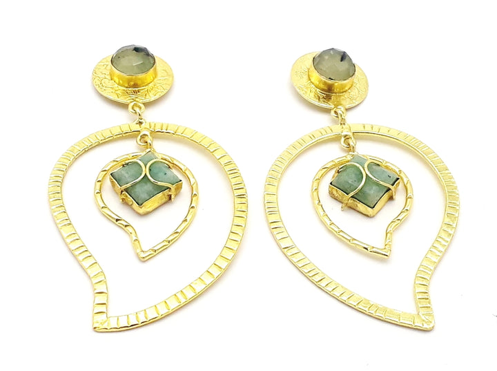 Awesome Gold Plated Prehnite-Amazonite Gem Stone Light Weight Leaf Designer Dangle Drop Earrings