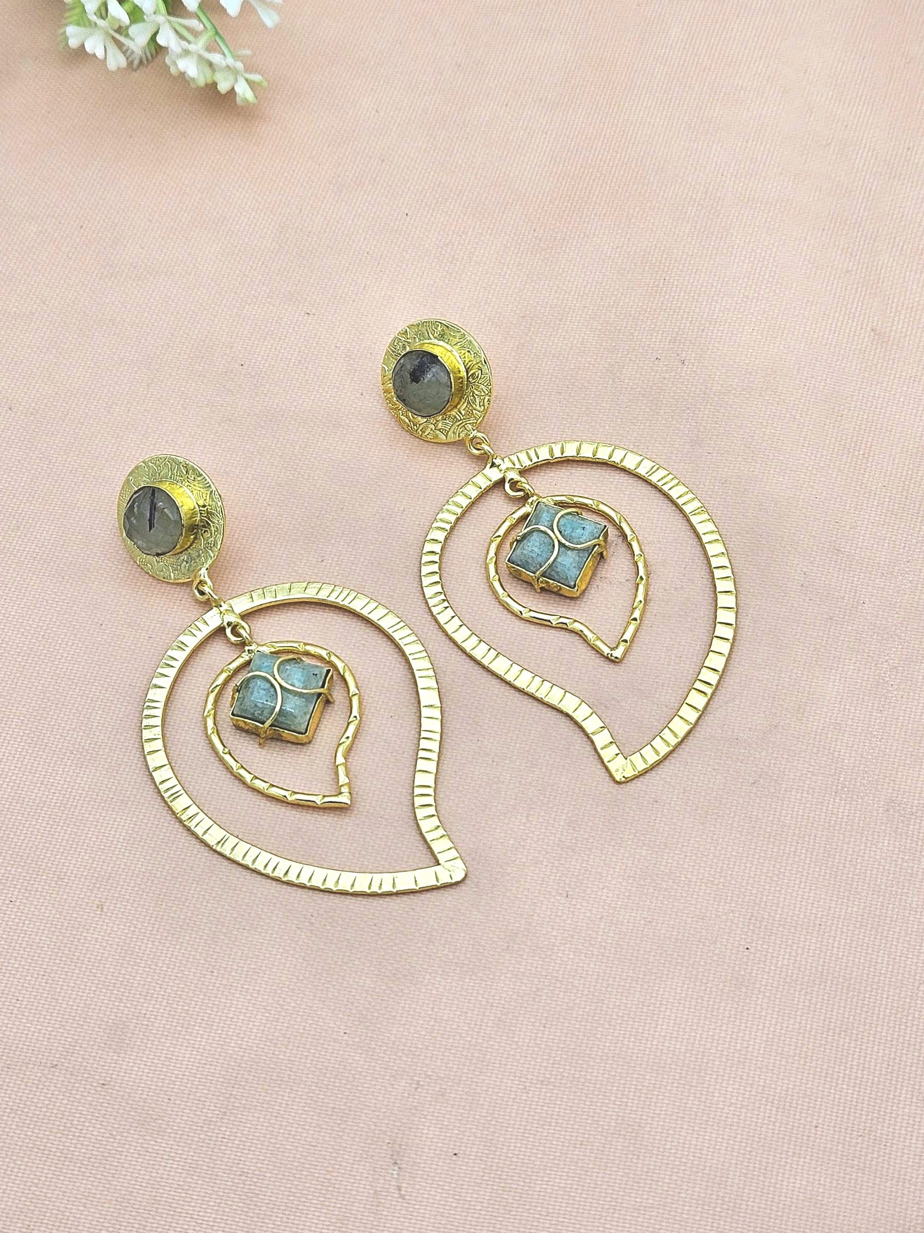 Awesome Gold Plated Prehnite-Amazonite Gem Stone Light Weight Leaf Designer Dangle Drop Earrings