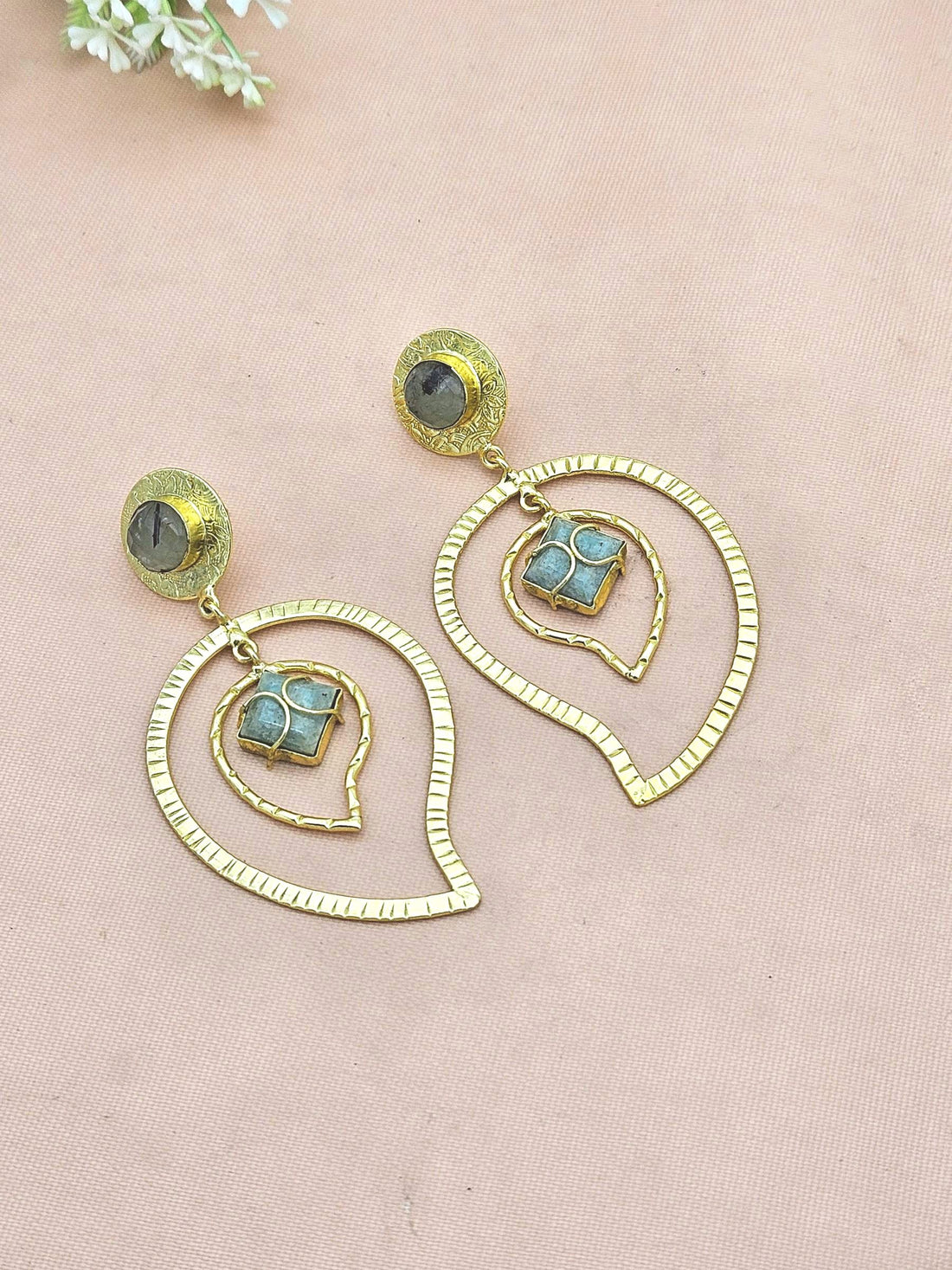 Awesome Gold Plated Prehnite-Amazonite Gem Stone Light Weight Leaf Designer Dangle Drop Earrings