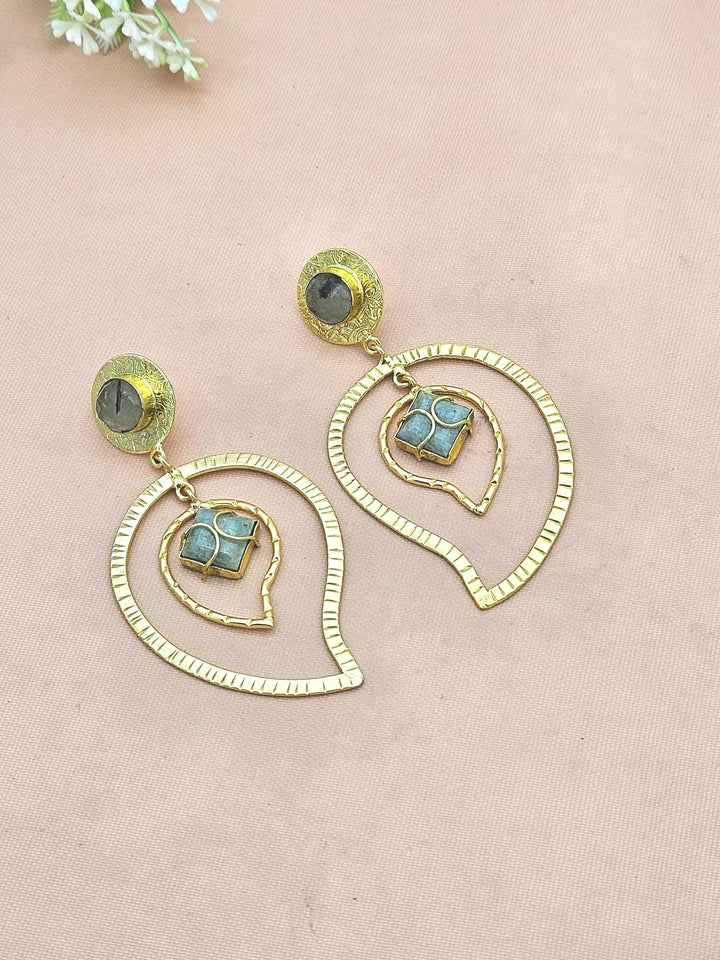 Awesome Gold Plated Prehnite-Amazonite Gem Stone Light Weight Leaf Designer Dangle Drop Earrings