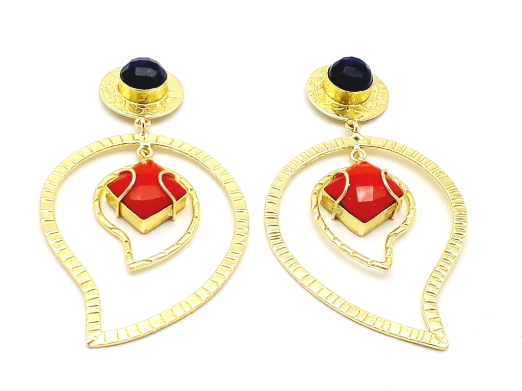 Awesome Gold Plated Black & Red Glass Stone Light Weight Leaf Designer Dangle Drop Earrings