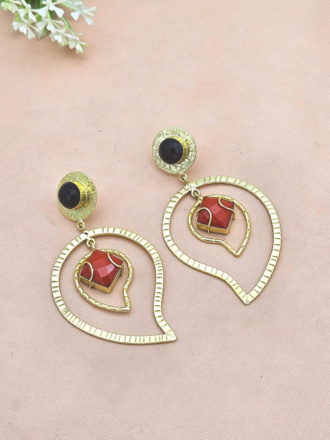 Awesome Gold Plated Black & Red Glass Stone Light Weight Leaf Designer Dangle Drop Earrings
