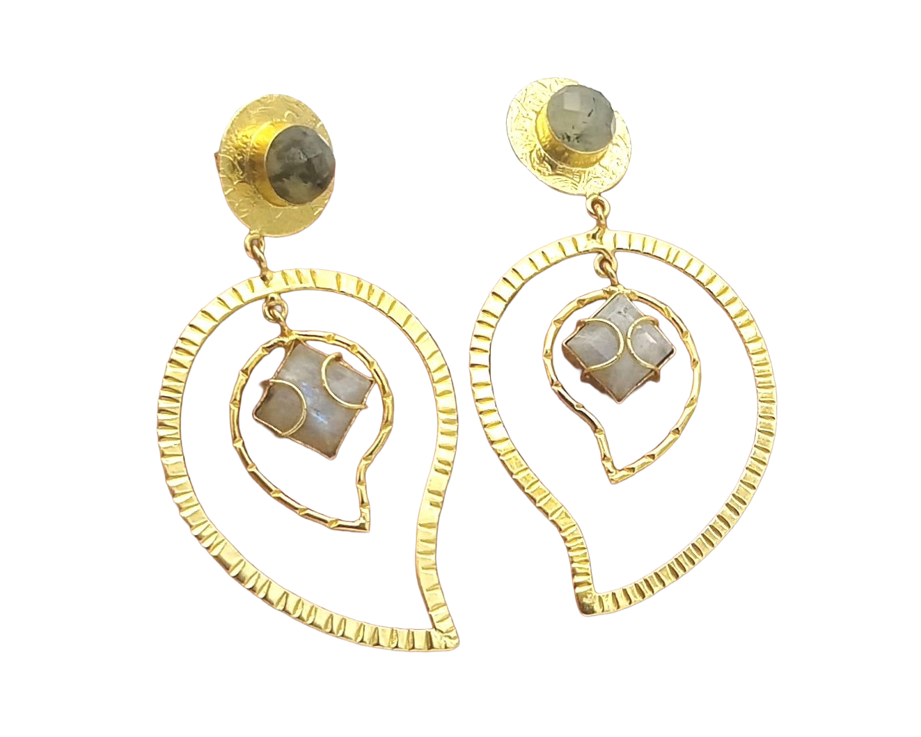 Awesome Gold Plated Prehnite-White Rainbow Stone Light Weight Leaf Designer Dangle Drop Earrings