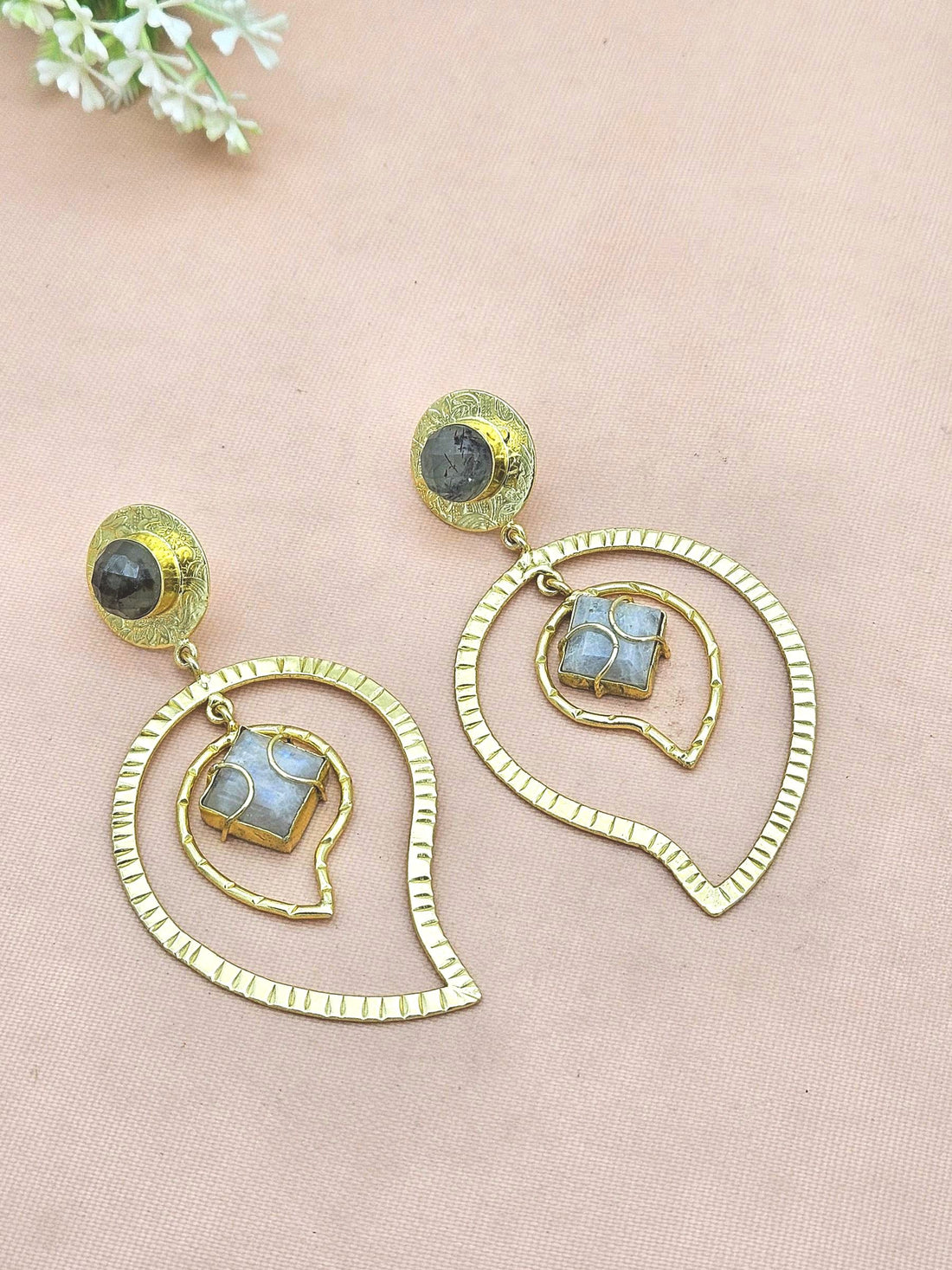Awesome Gold Plated Prehnite-White Rainbow Stone Light Weight Leaf Designer Dangle Drop Earrings