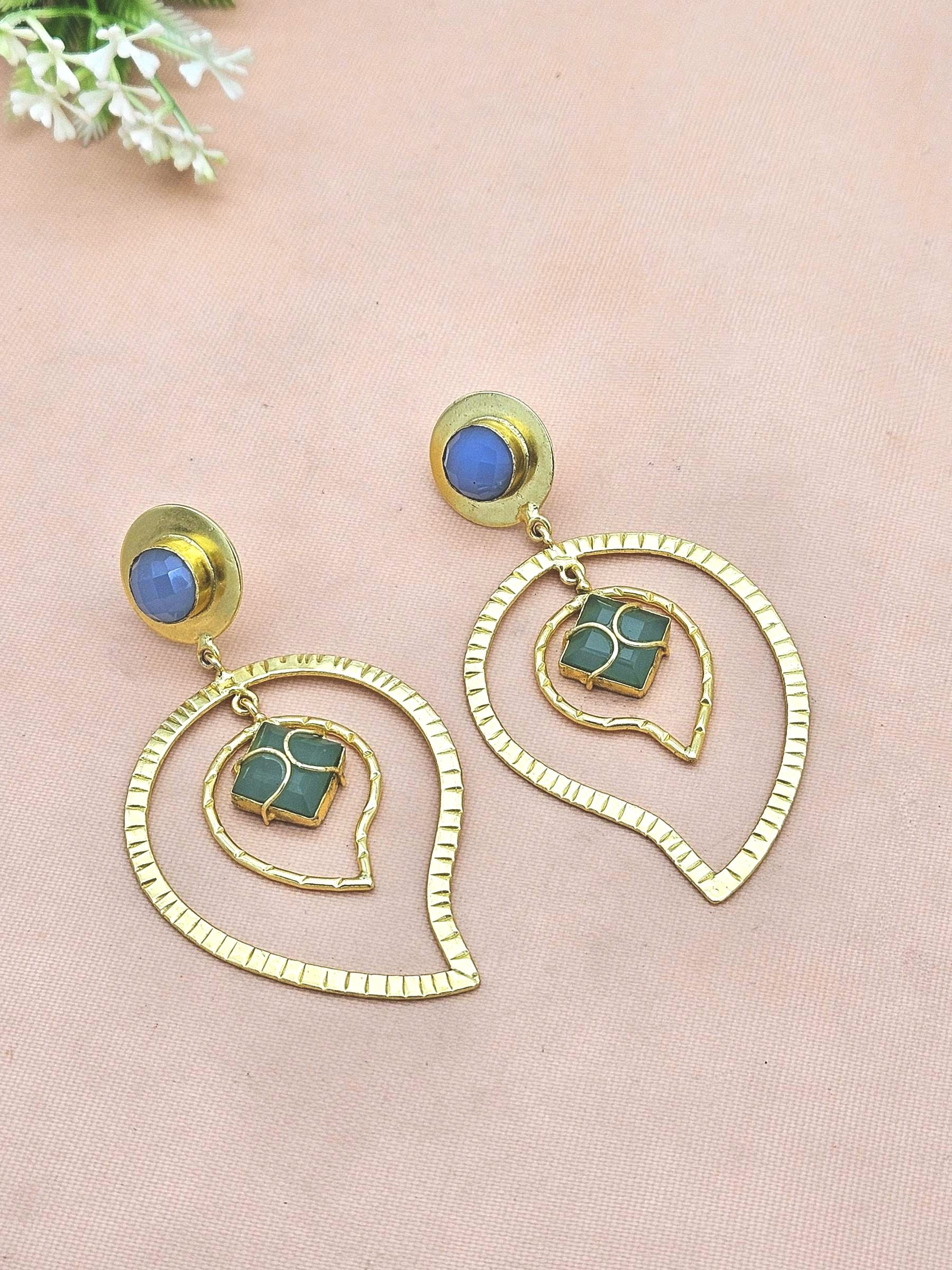Awesome Gold Plated Chalcedony-Aqua Stone Light Weight Leaf Designer Dangle Drop Earrings