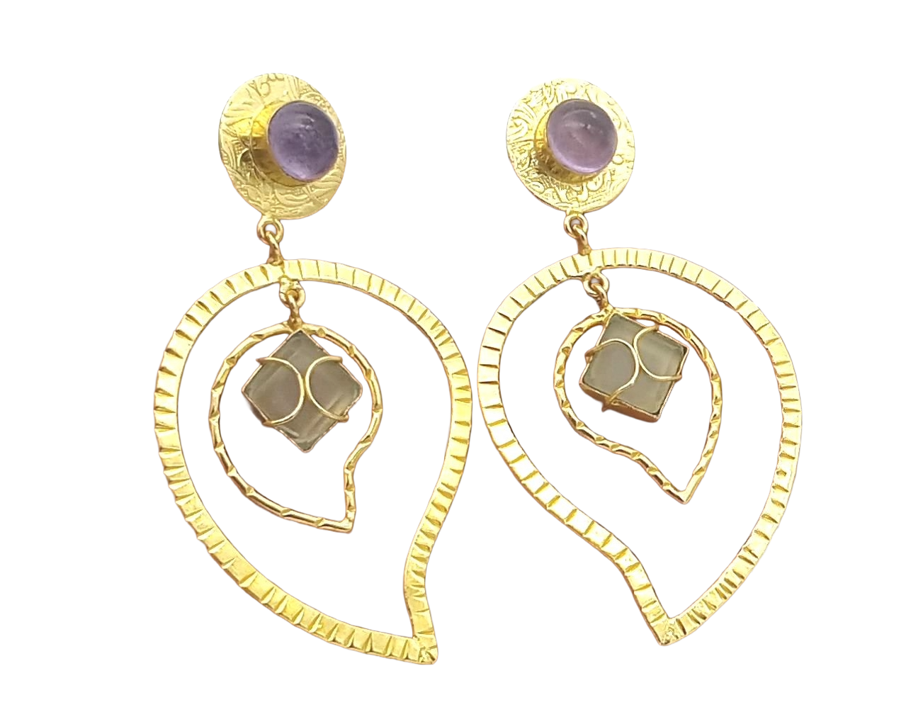 Awesome Gold Plated Amethyst-Prehnite Stone Light Weight Leaf Designer Dangle Drop Earrings