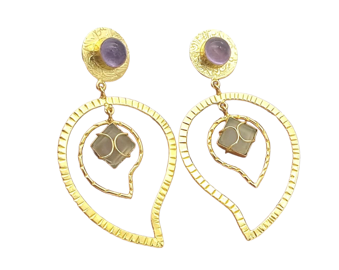 Awesome Gold Plated Amethyst-Prehnite Stone Light Weight Leaf Designer Dangle Drop Earrings