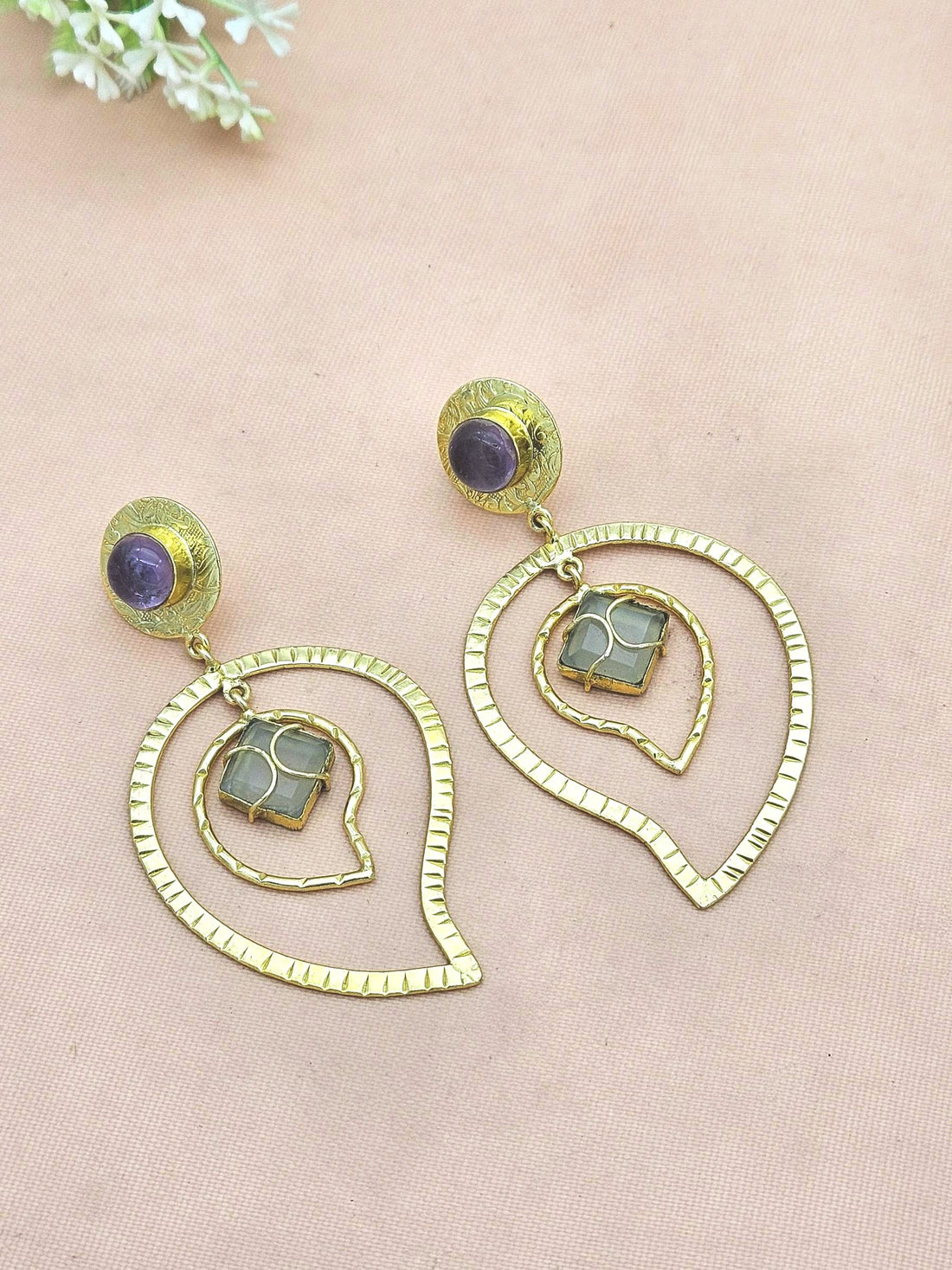 Awesome Gold Plated Amethyst-Prehnite Stone Light Weight Leaf Designer Dangle Drop Earrings