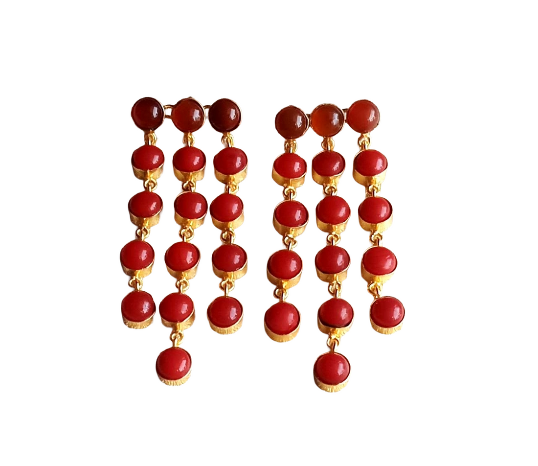 Awesome Gold Plated Multi Hanging Red Glass Stone Long Charming Chandelier Earrings