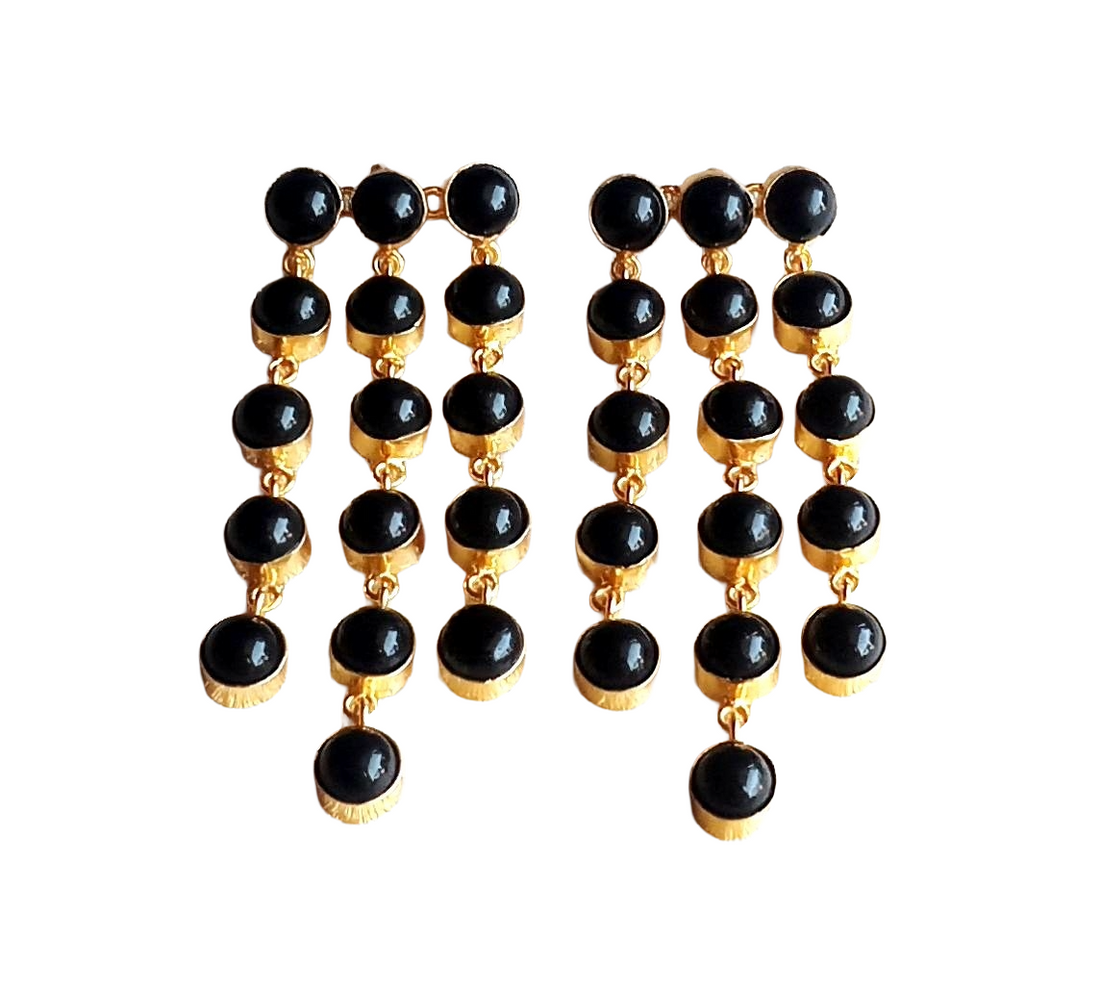 Awesome Gold Plated Multi Hanging Black Glass Stone Long Charming Chandelier Earrings