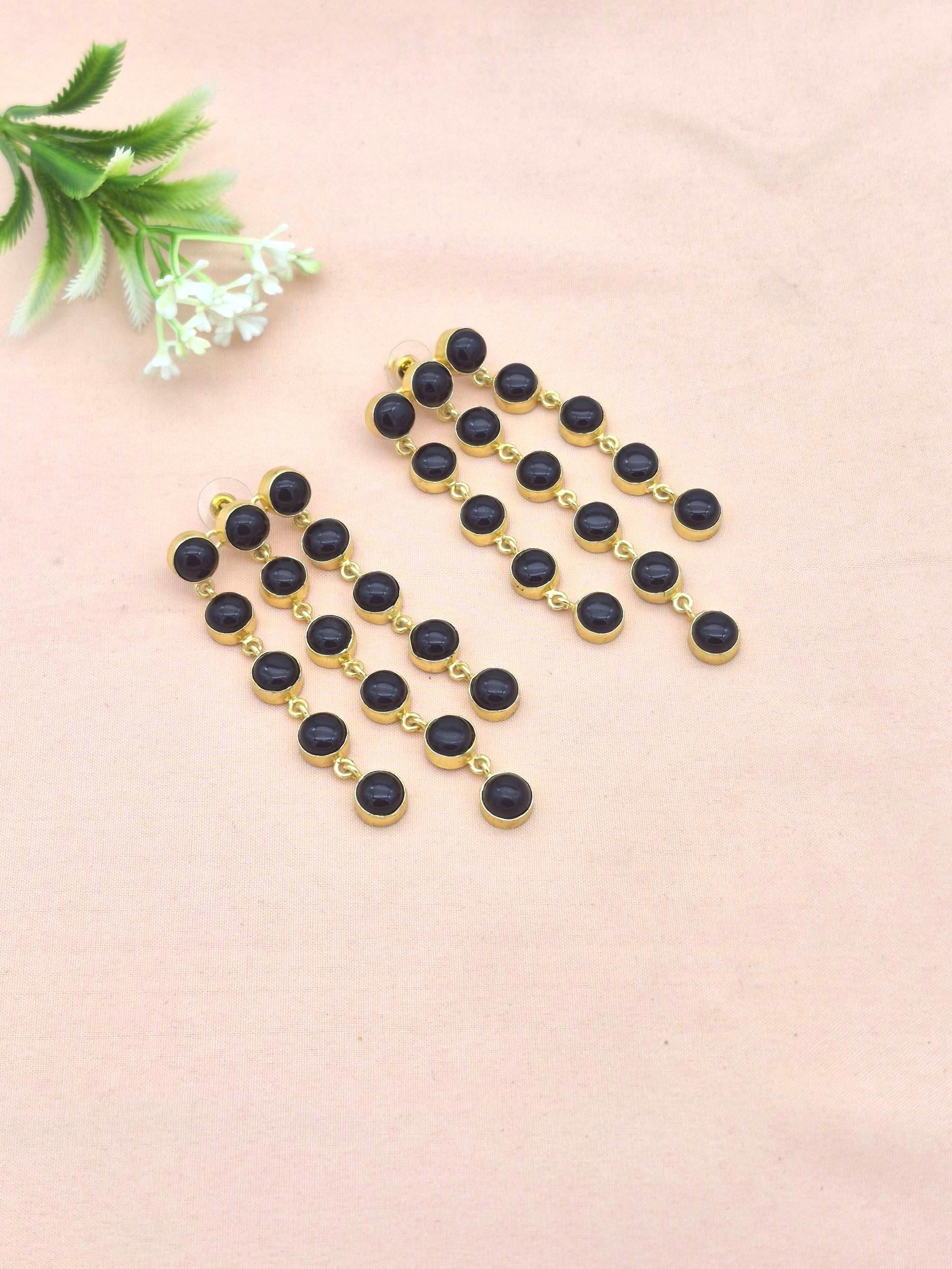 Awesome Gold Plated Multi Hanging Black Glass Stone Long Charming Chandelier Earrings