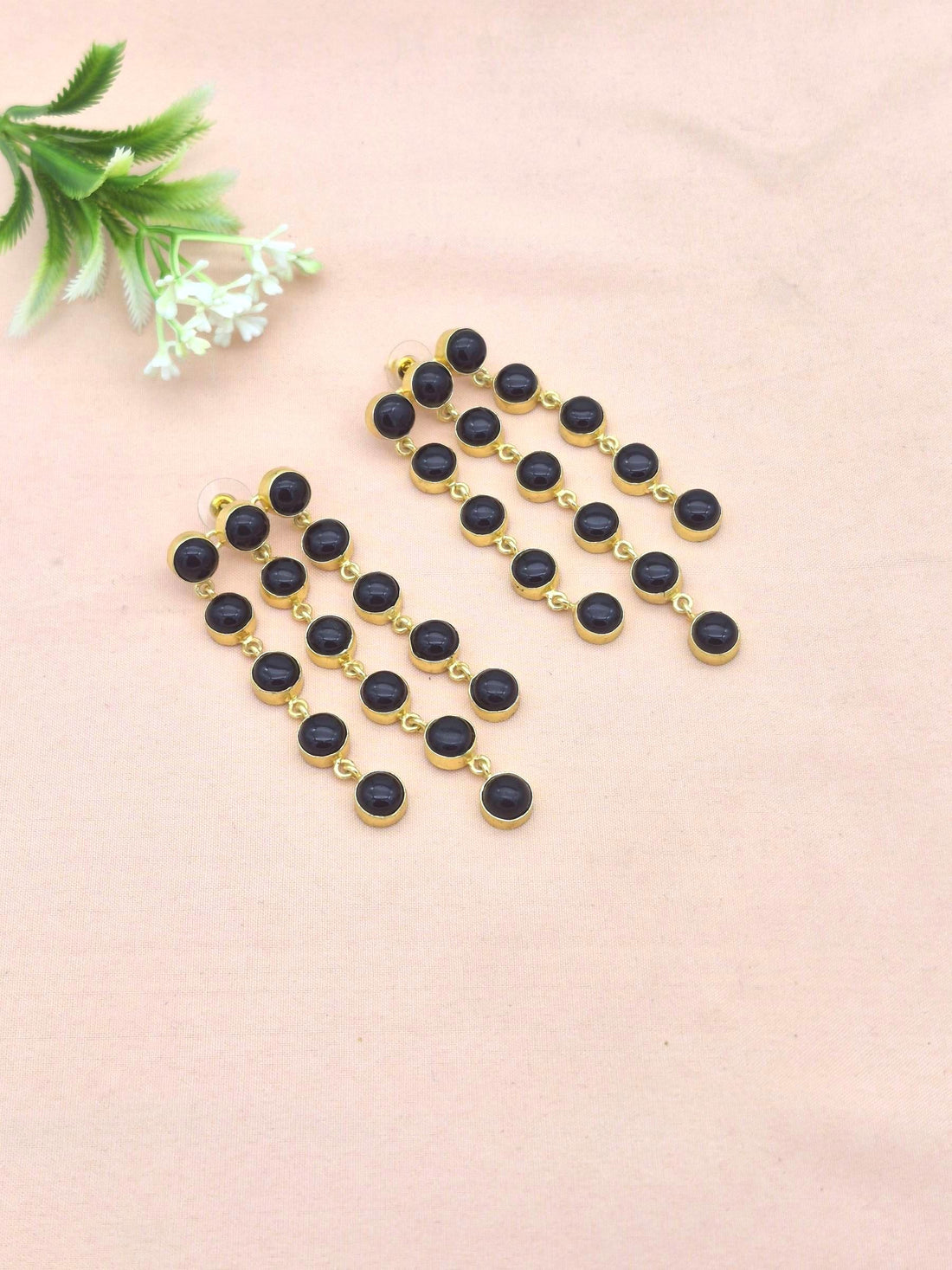 Awesome Gold Plated Multi Hanging Black Glass Stone Long Charming Chandelier Earrings