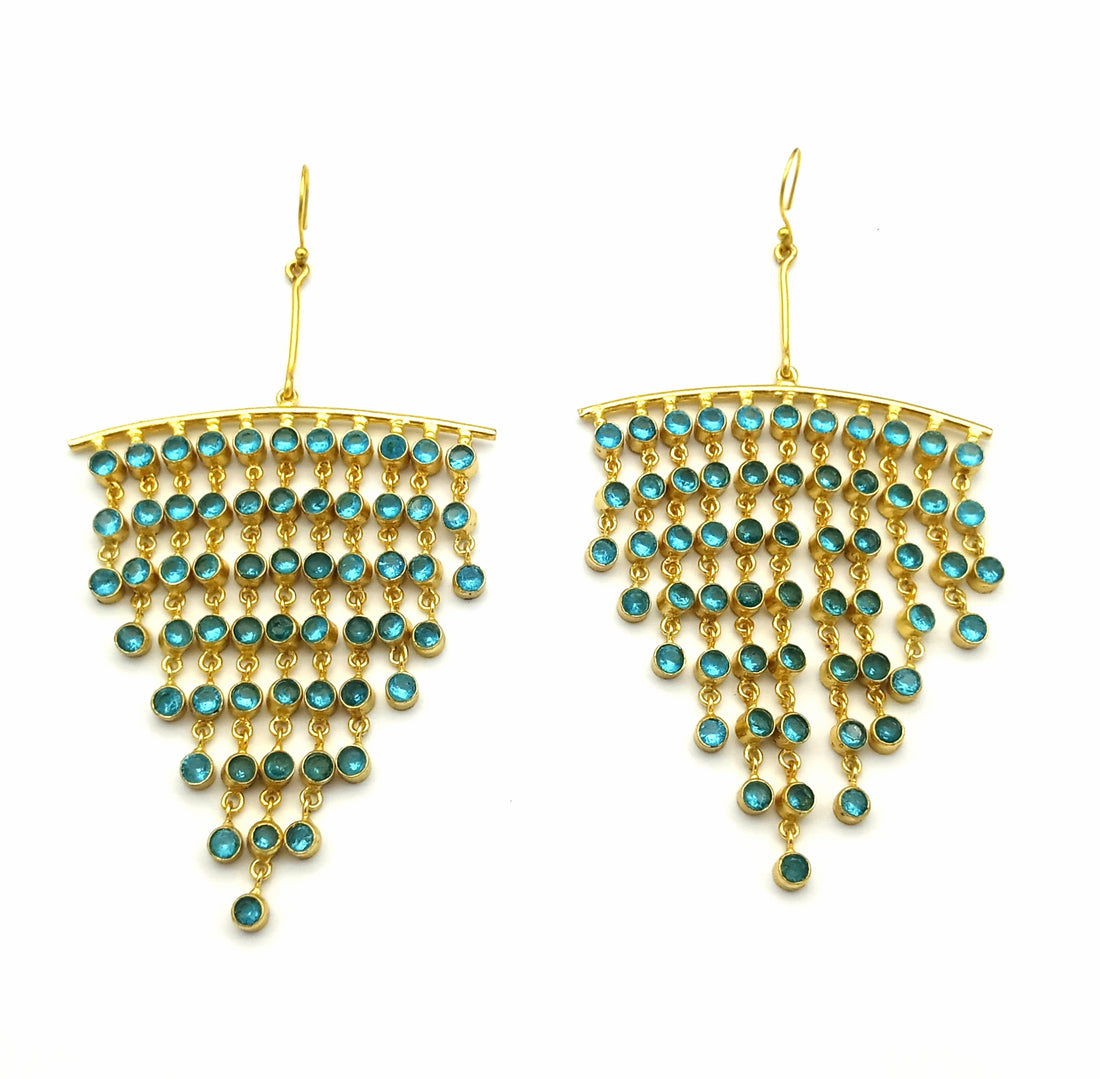 Stunning Gold Plated Multi Hanging Blue Hydro Quartz Long Party Wear Chandelier Earrings