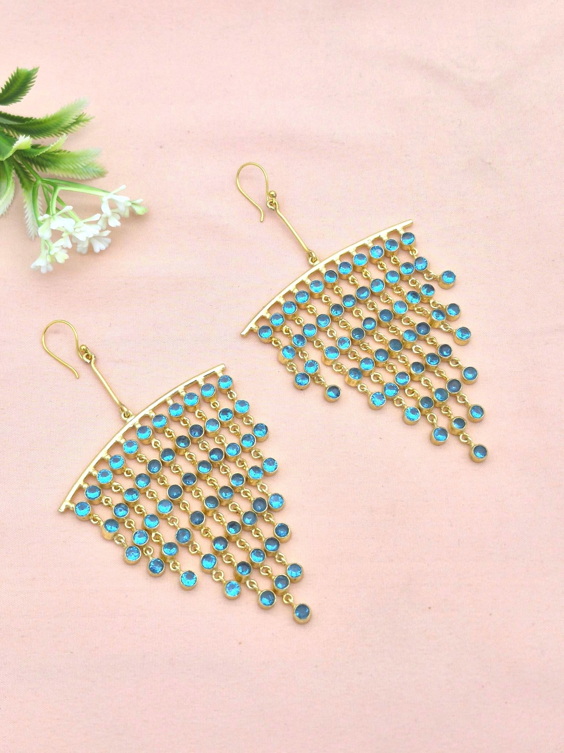 Stunning Gold Plated Multi Hanging Blue Hydro Quartz Long Party Wear Chandelier Earrings