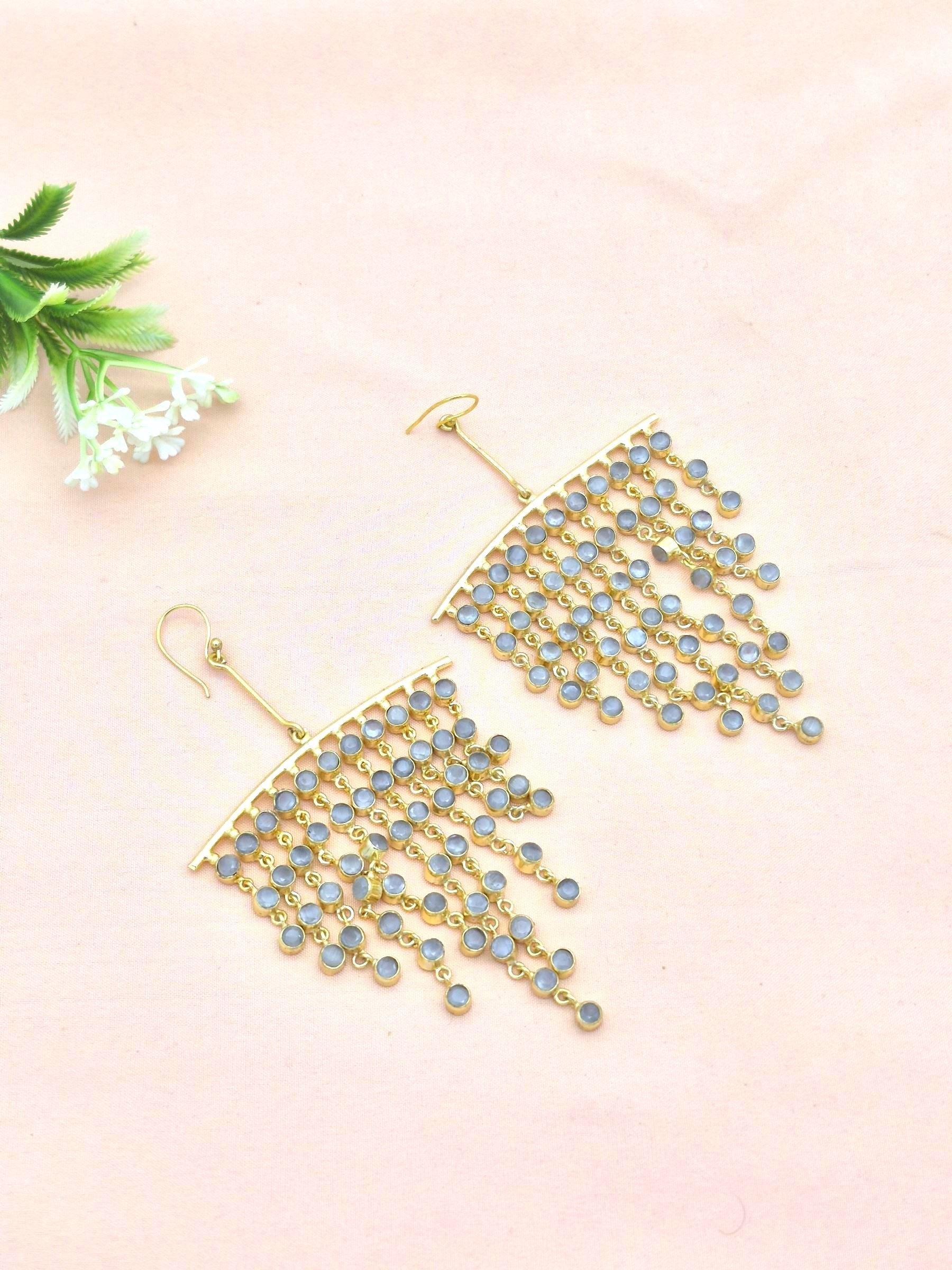 Stunning Gold Plated Multi Hanging Aqua Monalisa Long Party Wear Chandelier Earrings