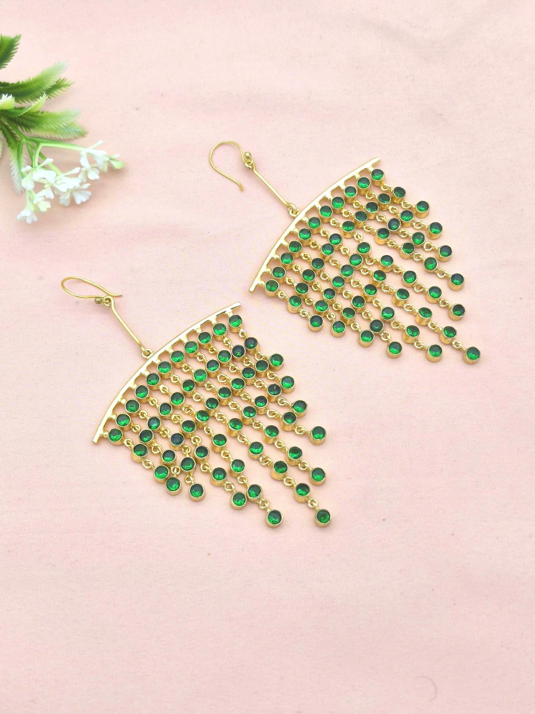 Stunning Gold Plated Multi Hanging Green Hydro Quartz Long Party Wear Chandelier Earrings