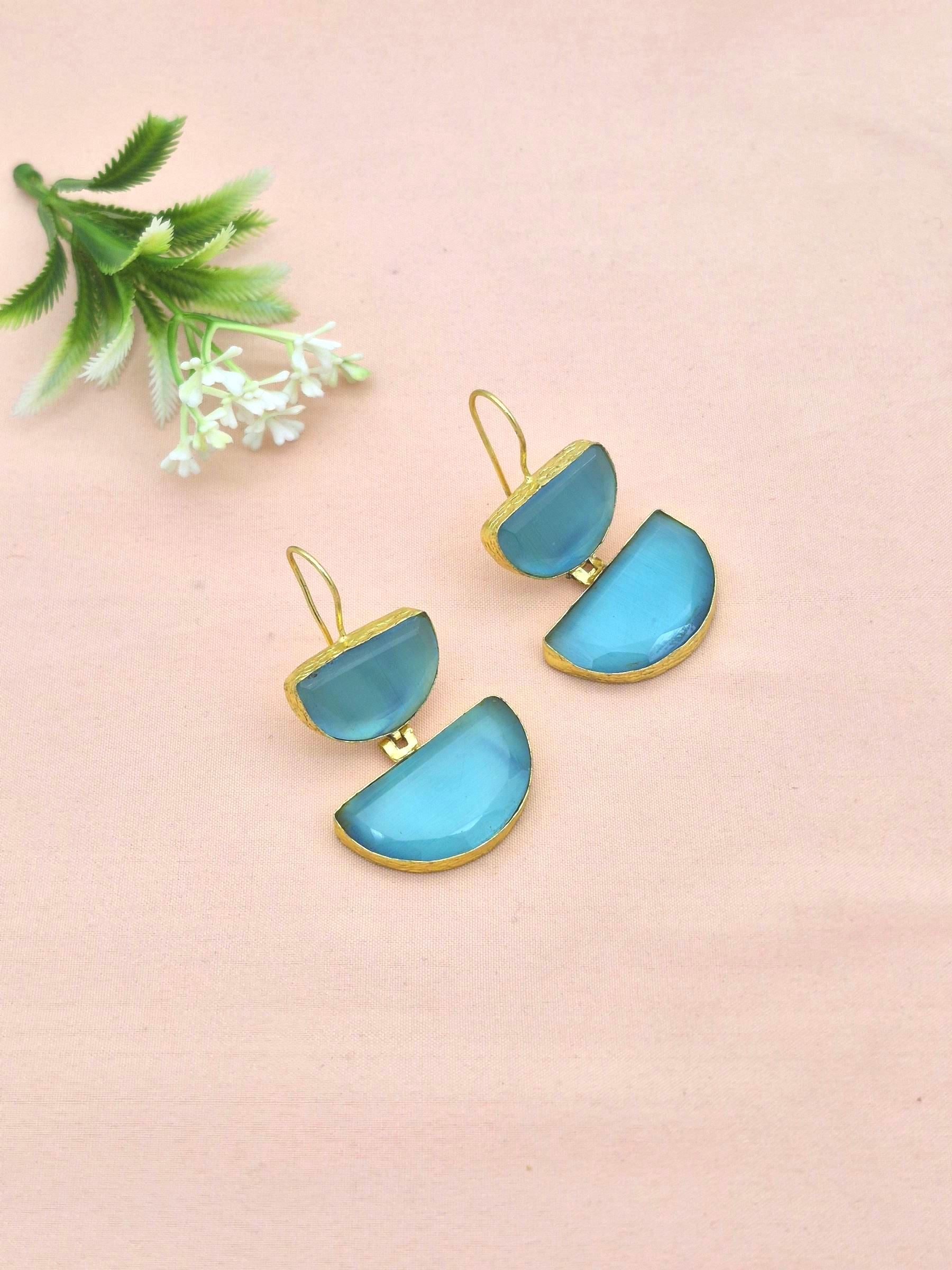 Charming Gold Plated Faceted Sky Blue Monalisa D shape Designer Dangle Drop Earrings