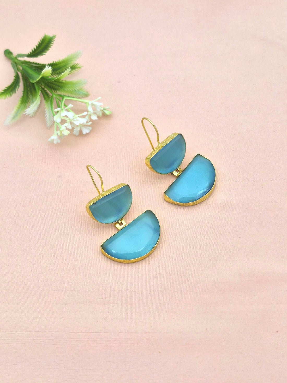 Charming Gold Plated Faceted Sky Blue Monalisa D shape Designer Dangle Drop Earrings