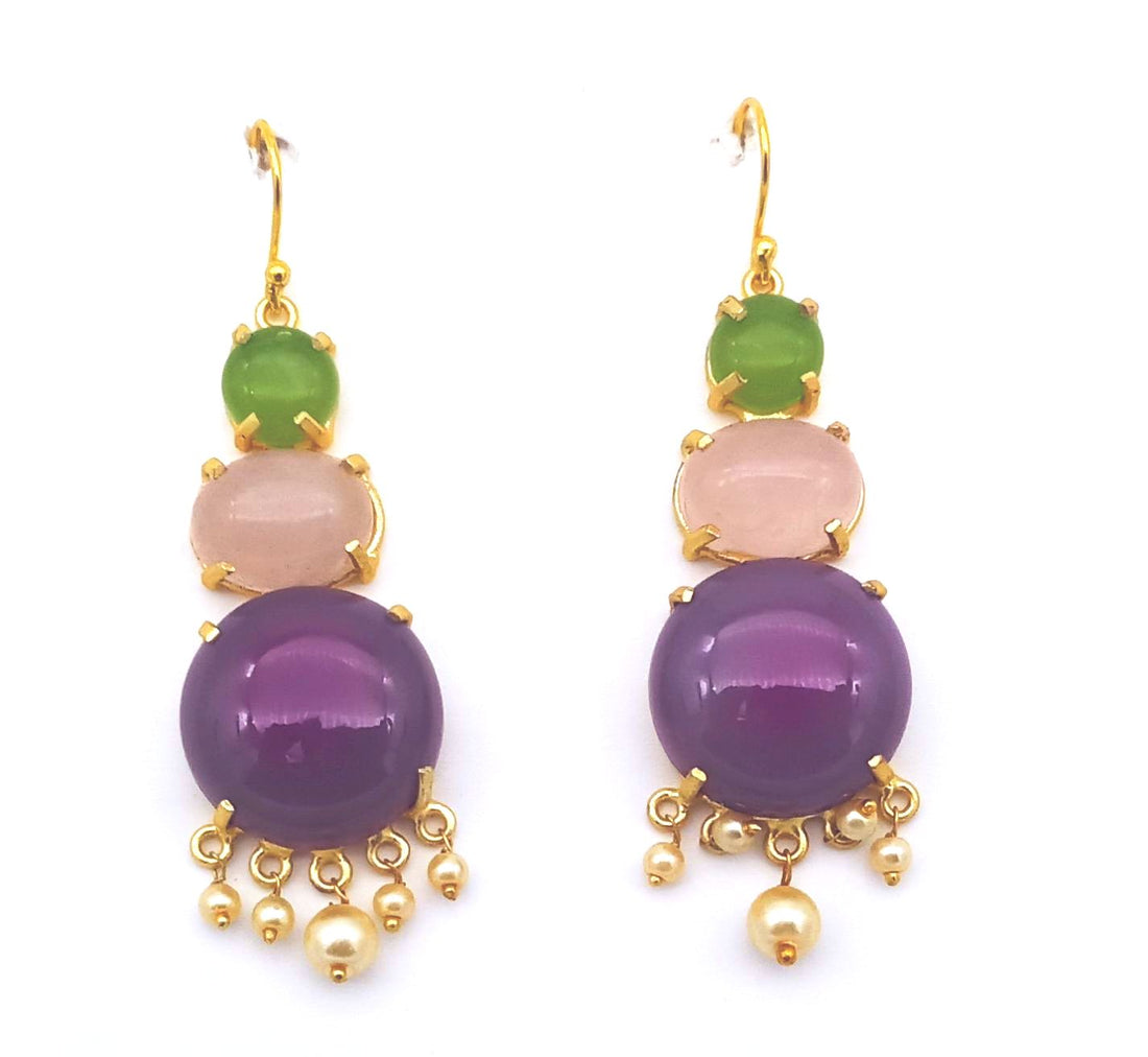 Awesome Gold Plated Magenta Onyx-Rose Quartz-Peridot Charming Designer Dangle Drop Earrings