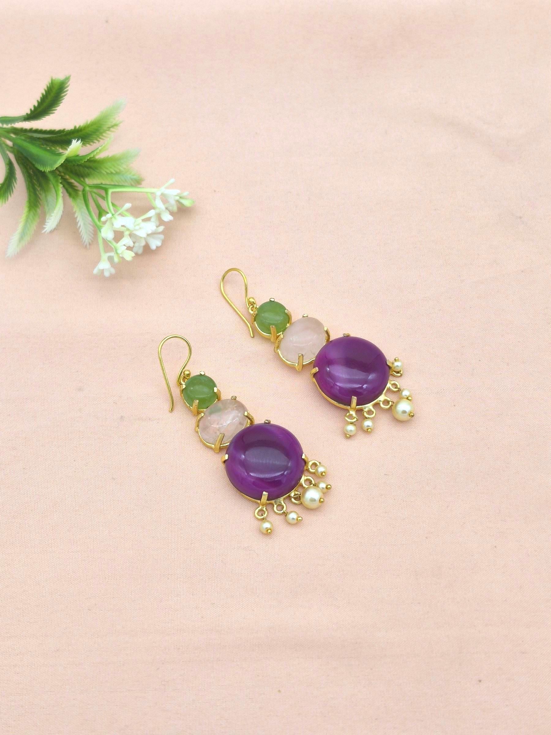 Awesome Gold Plated Magenta Onyx-Rose Quartz-Peridot Charming Designer Dangle Drop Earrings