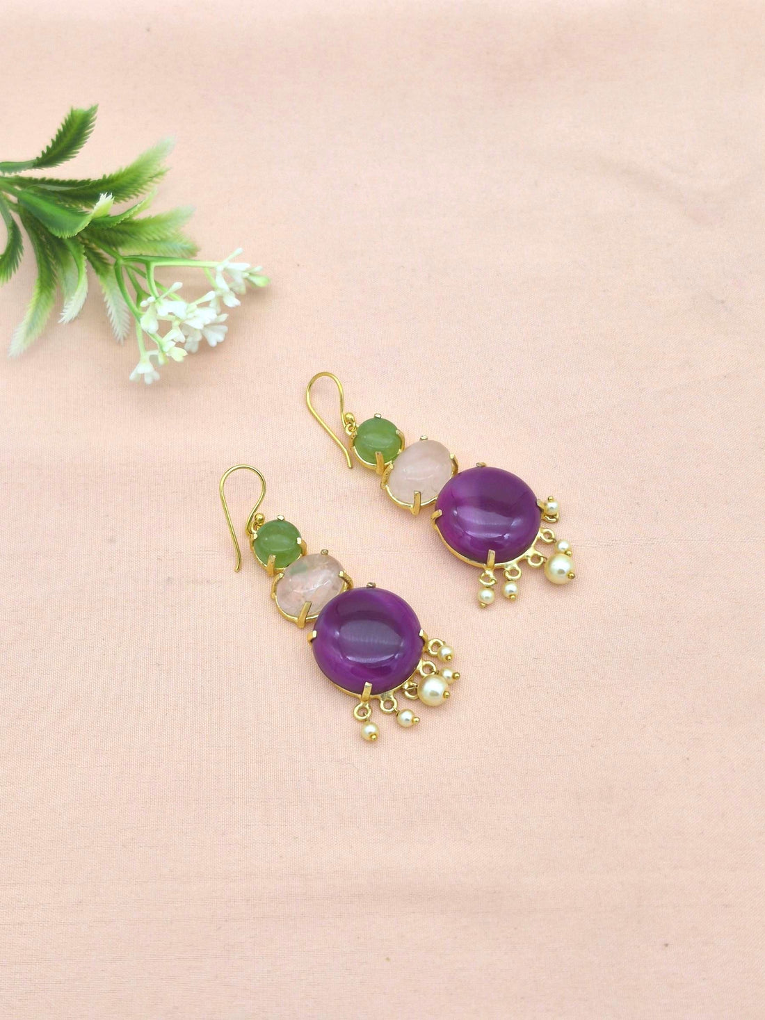 Awesome Gold Plated Magenta Onyx-Rose Quartz-Peridot Charming Designer Dangle Drop Earrings